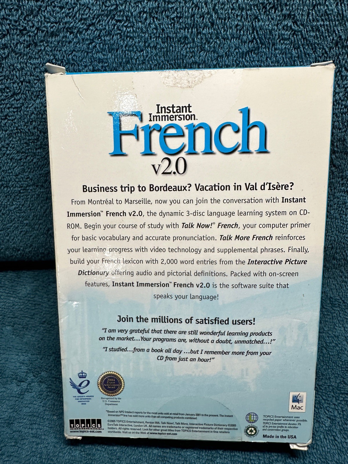 Instant Immersion French 2.0 TOPICS Entertainment Computer Software 3 CDs Used