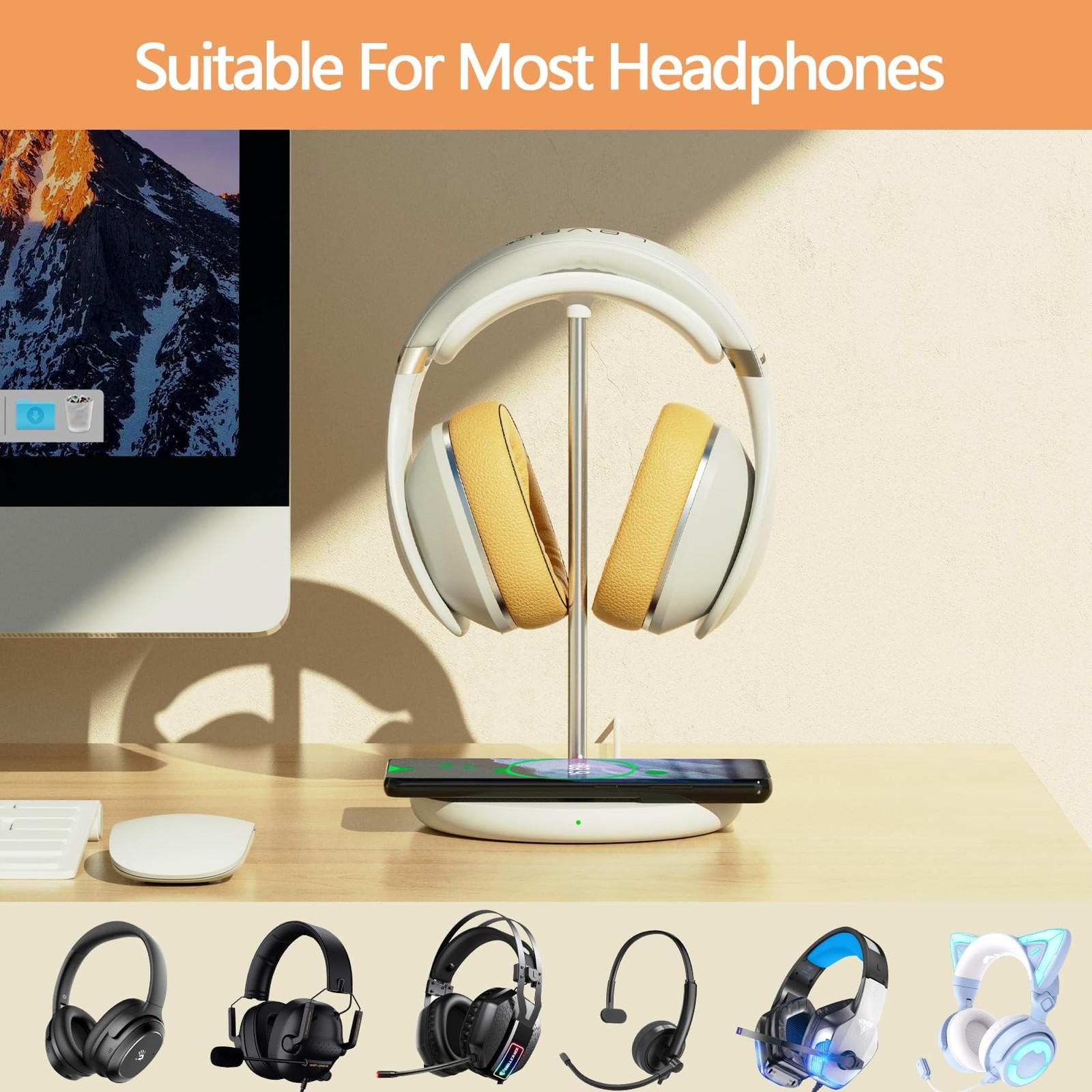 Headphone Stand with Wireless Charger, Gaming Headset Holder Hanger Rack 2 in…