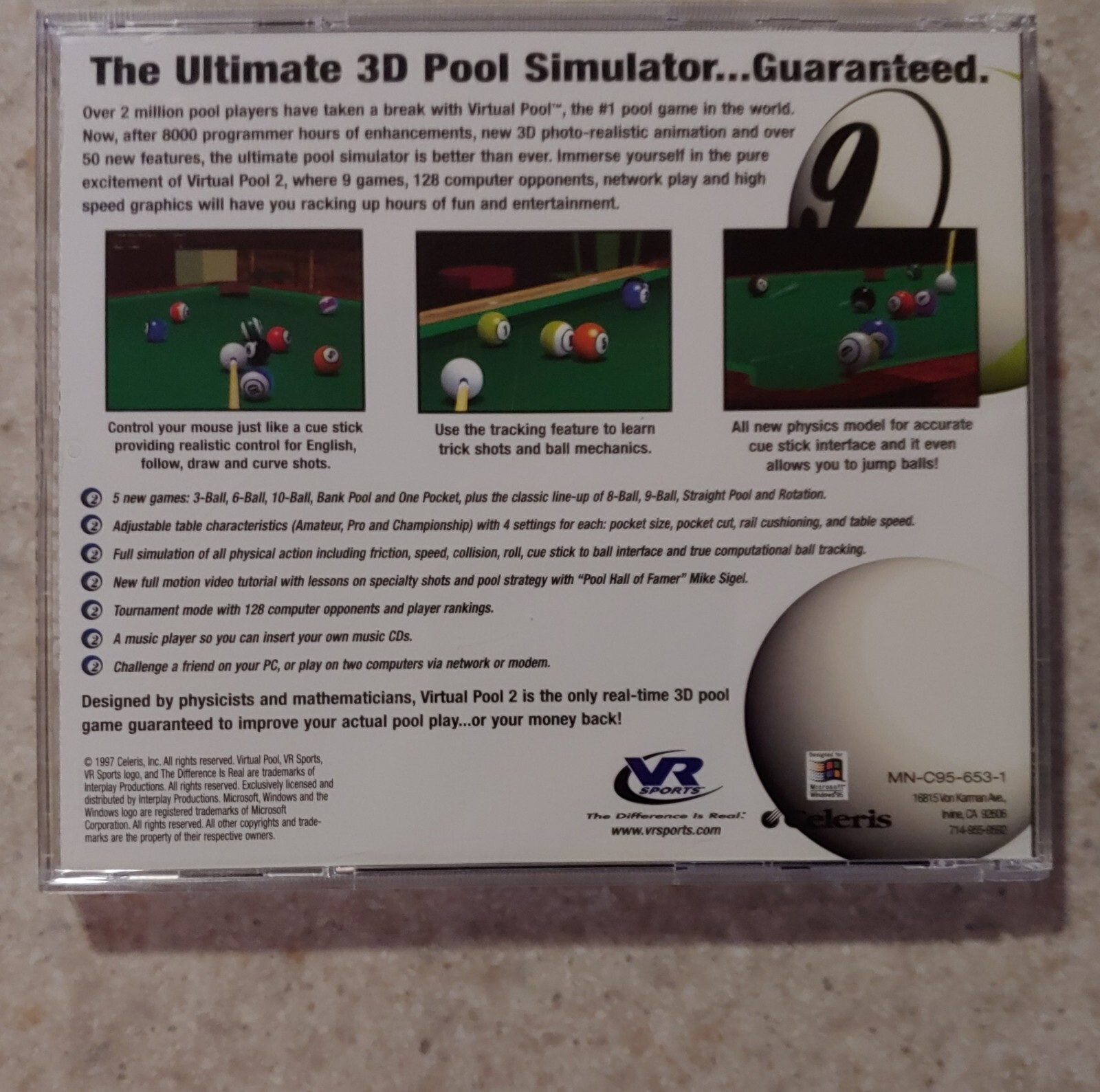 Virtual Pool 2 PC CD-ROM with Original Outer Box, Manual, Jewel Case, & CD NICE!