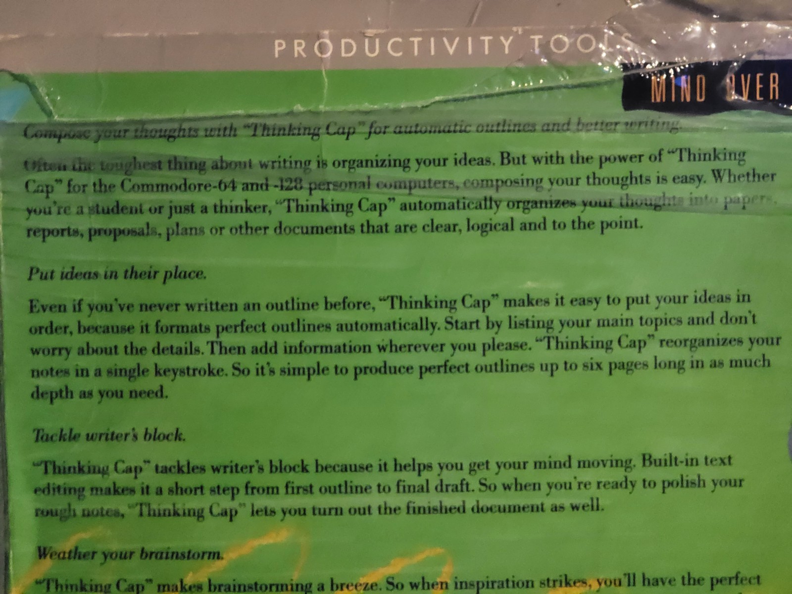 Thinking Cap The Outline Processor by Broderbund for C64 – C128 RARE. UNTESTED