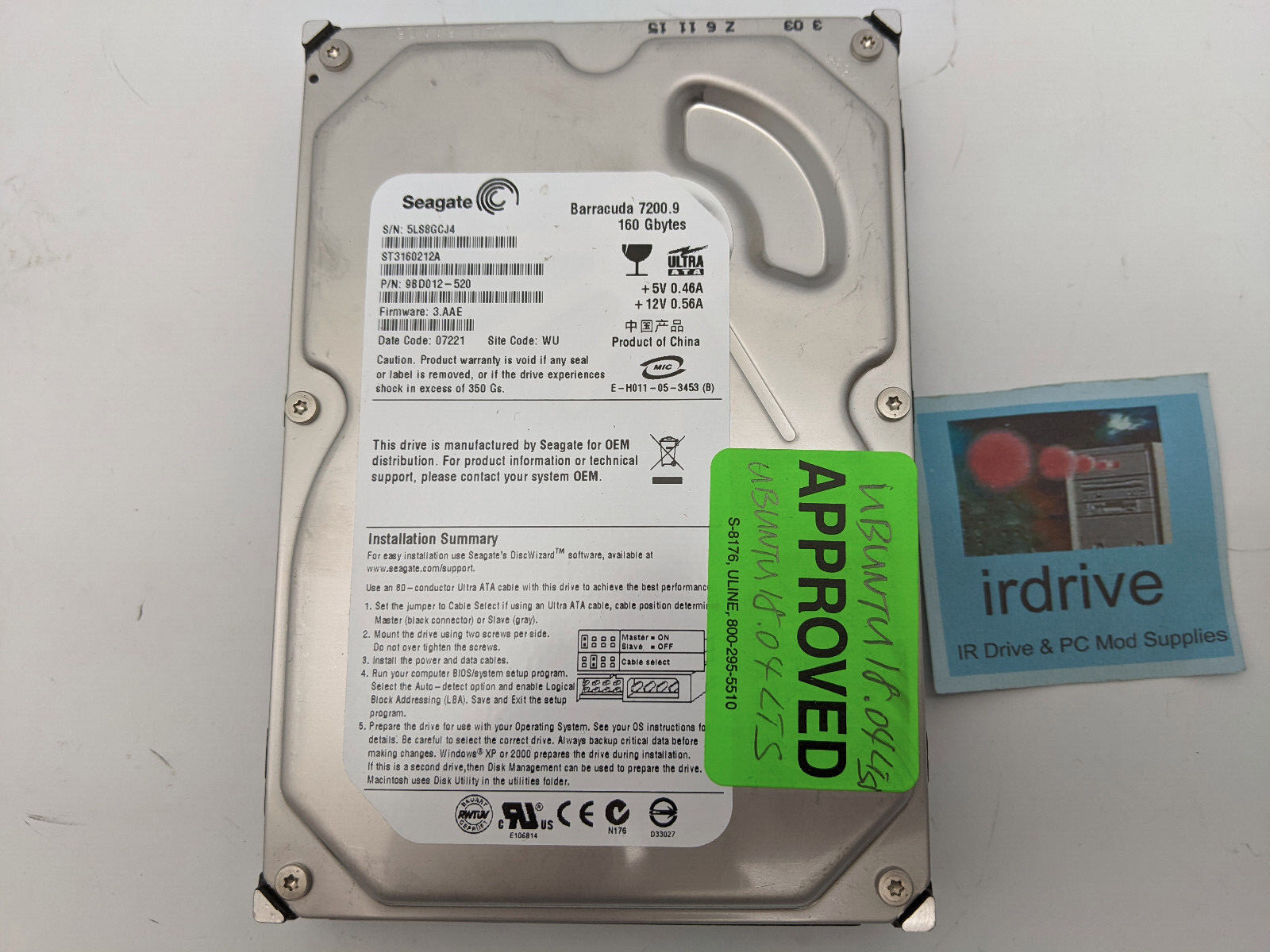 Seagate 160GB 7200RPM IDE Boot HDD OS Ubuntu 18.04 32bit Bootable Pre-Installed