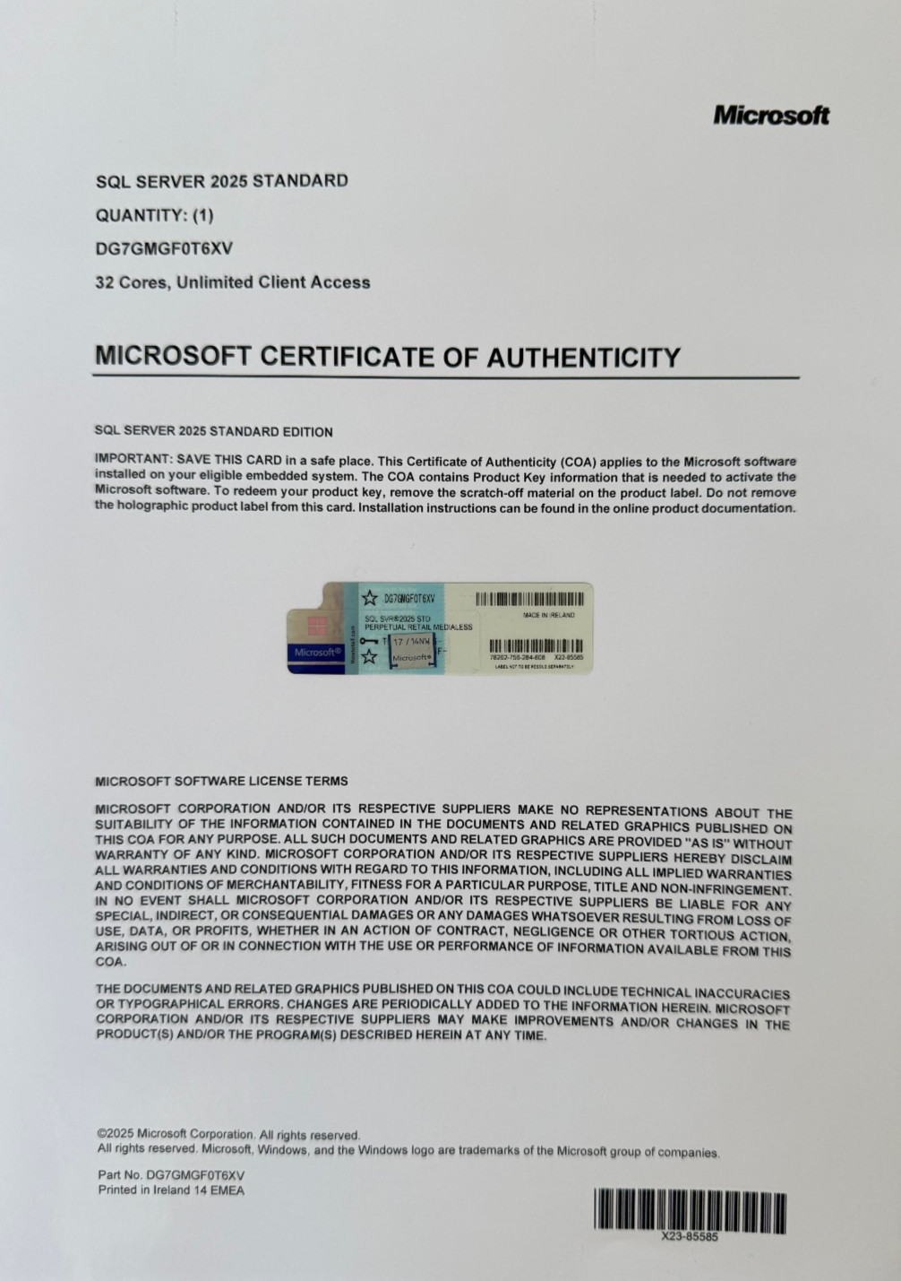 Microsoft SQL Server 2025 Standard 32 Core Unlimited User CALs CoA Authentic.