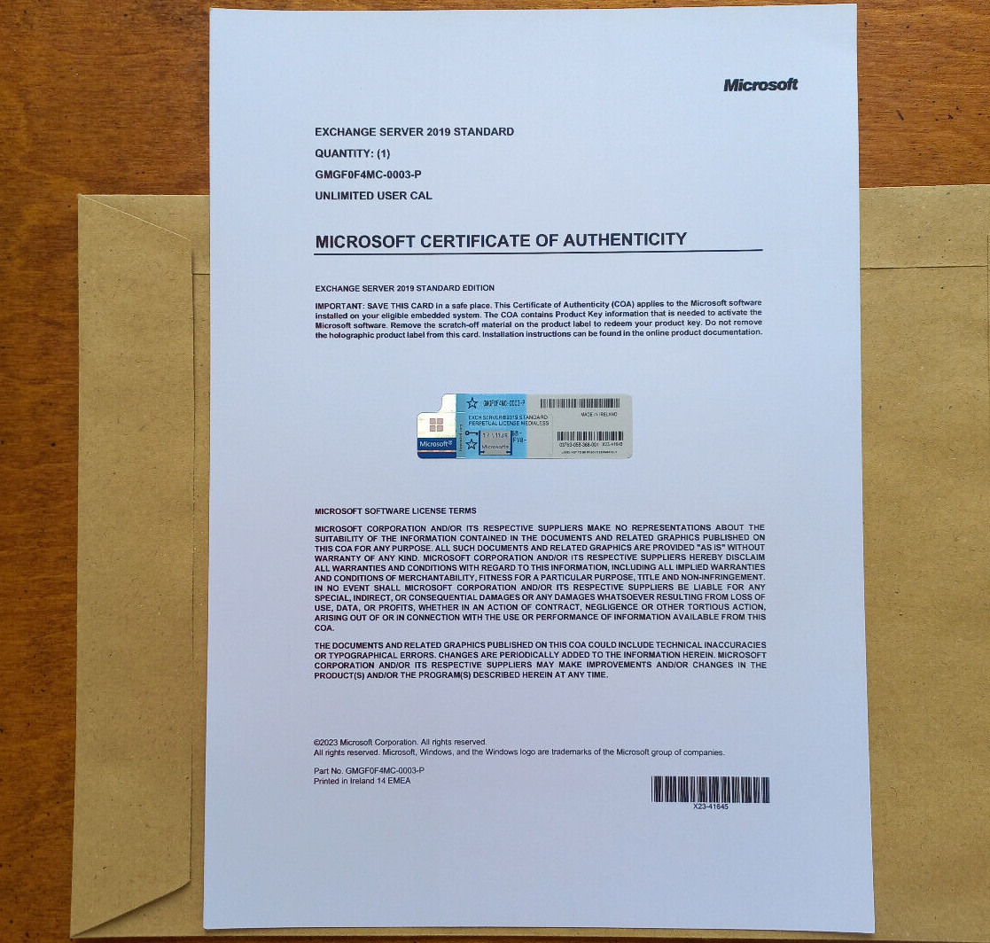 Microsoft Exchange Server 2019 STANDARD w Retail Unlimtd CAL GMGF0F4MC Authentic
