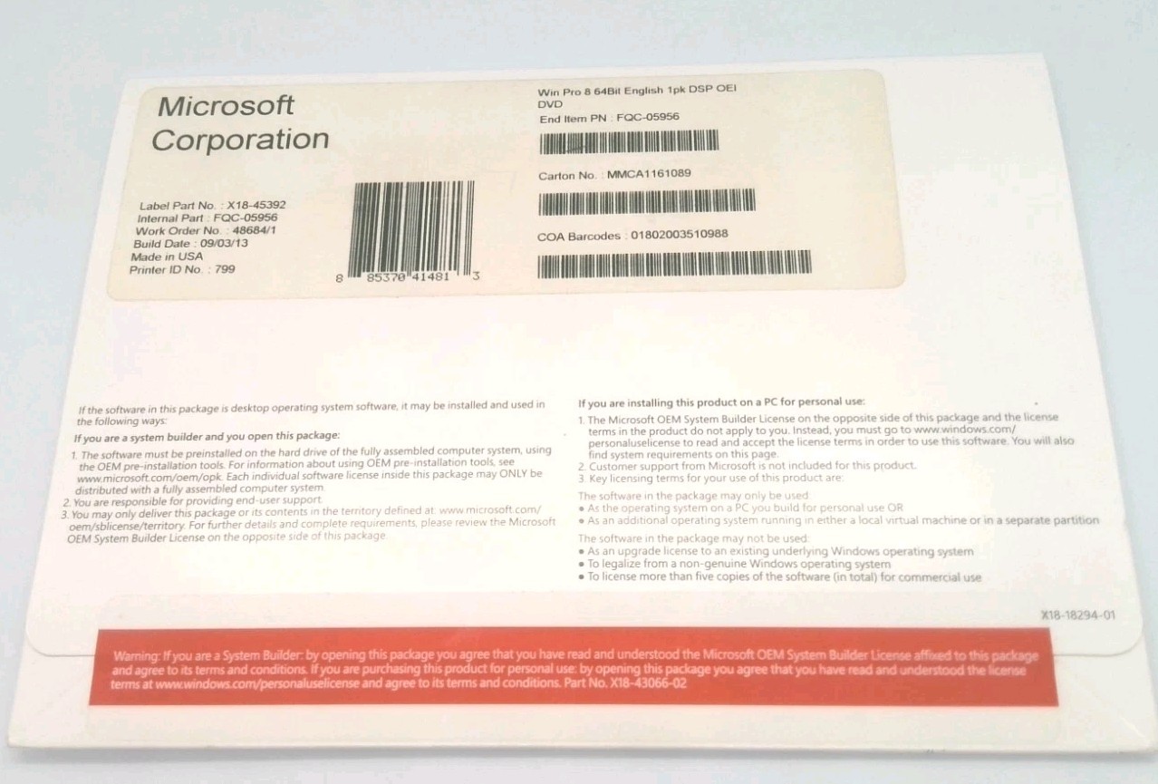 Microsoft Windows 8 Pro 64-Bit OEM System Builder DSP OEI DVD Sealed- FQC-05956