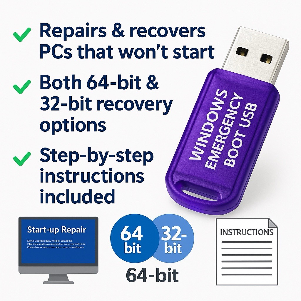 Windows Emergency Boot USB Repair Drive 32/64 Bit – Fix Startup & Boot Errors