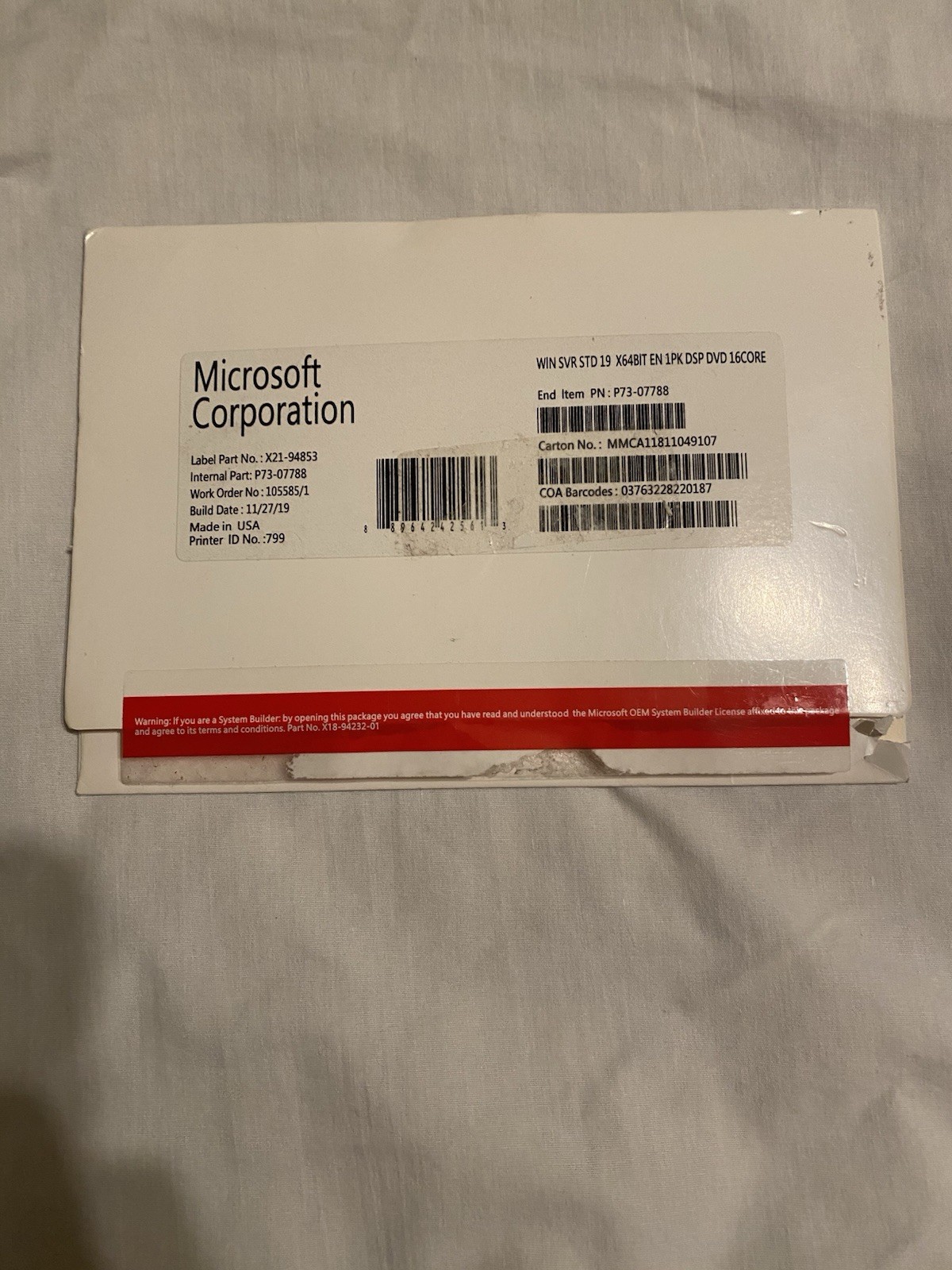 Microsoft Windows Server 2019 Standard DVD 64 Bit 16 Core X21-94853