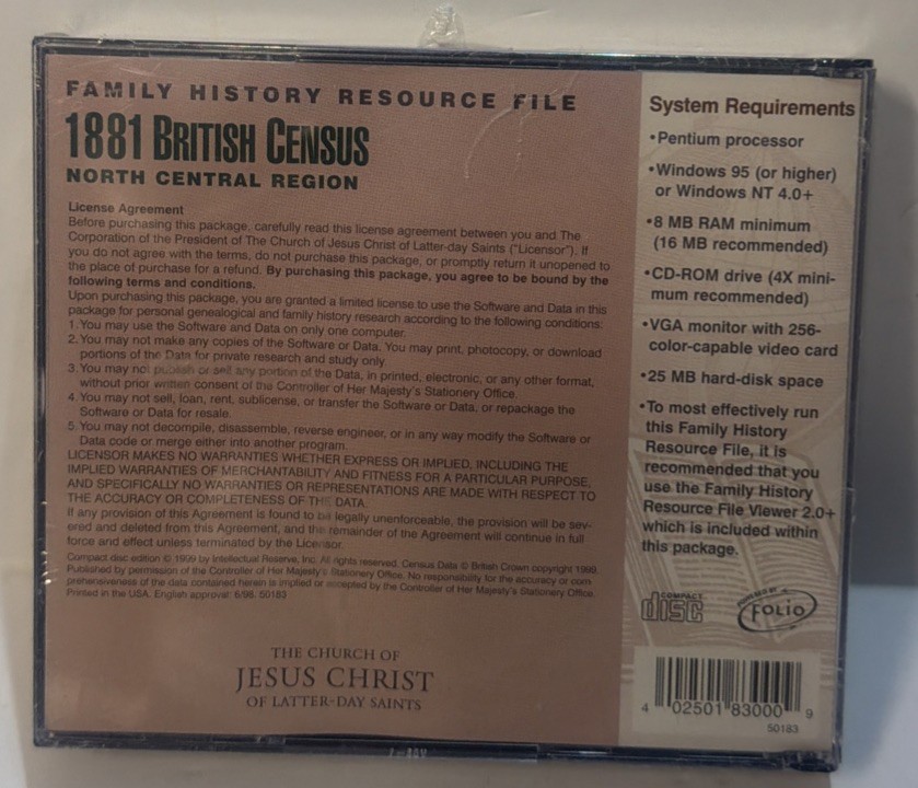 Family History Resource File CD Rom Library 1881 British Census North Central