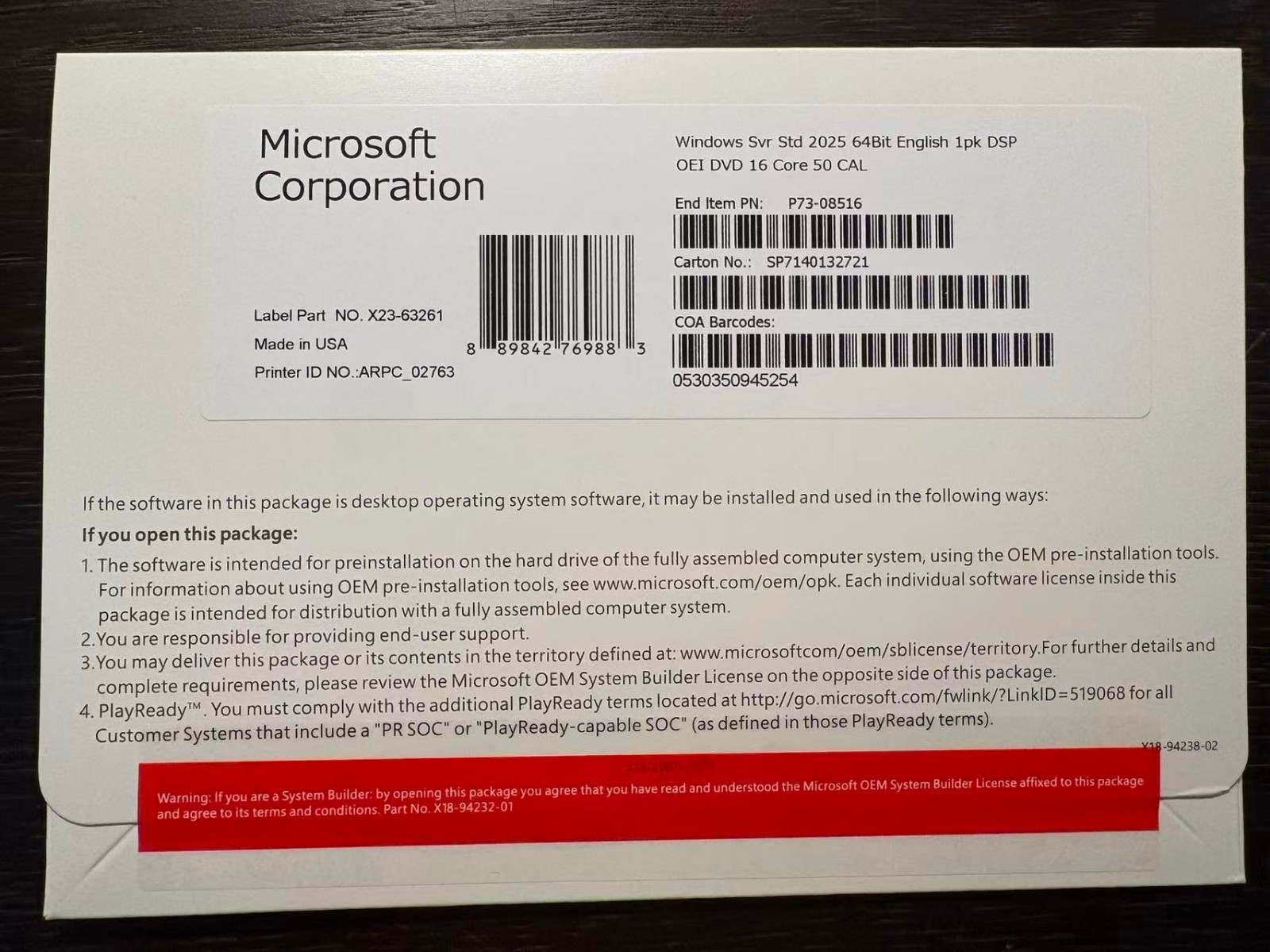 Win Server 2025 Standard – New Sealed DVD and Product Key – 16 Core 50 Cal.