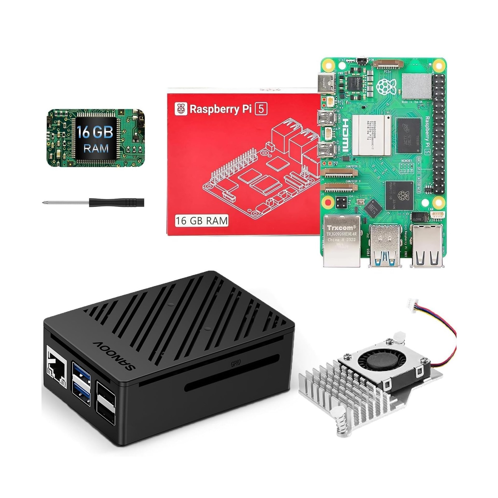 Starter Kit for Raspberry Pi 5 16GB RAM with Active Cooler, RPi 5 ABS Case an…