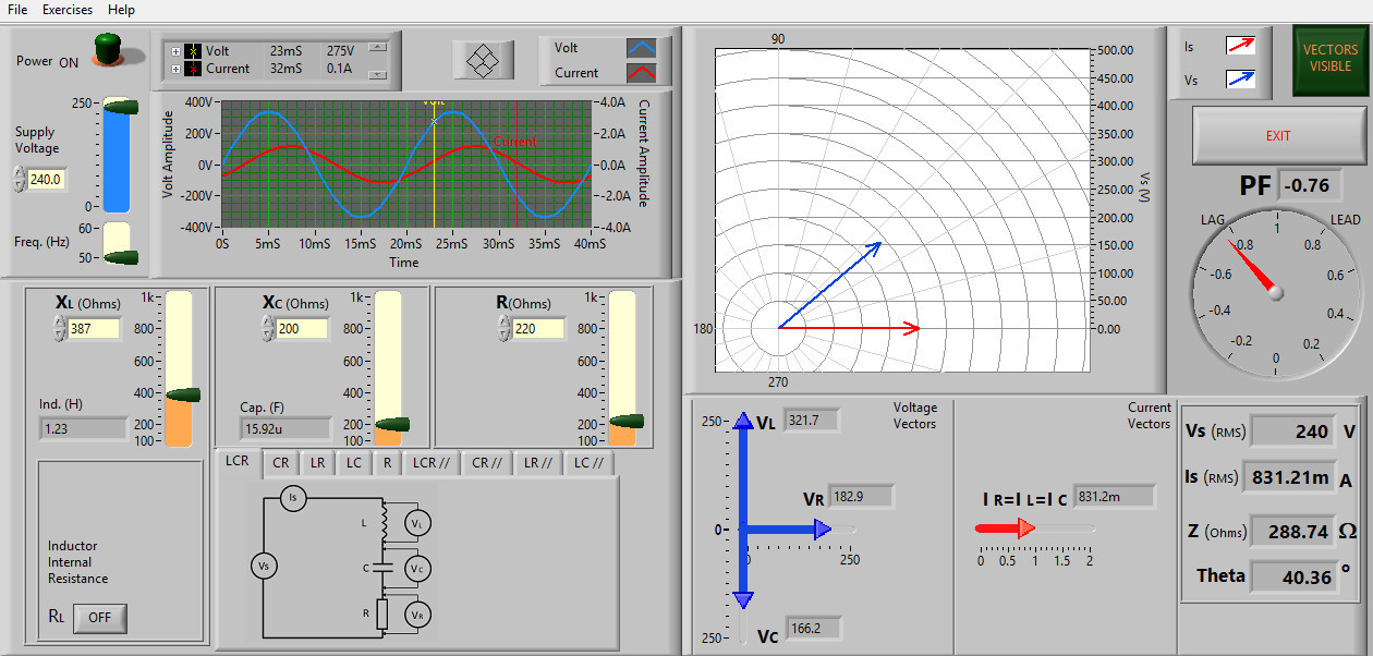 Impedance Software Simulator for series parallel ac circuit practical exercises