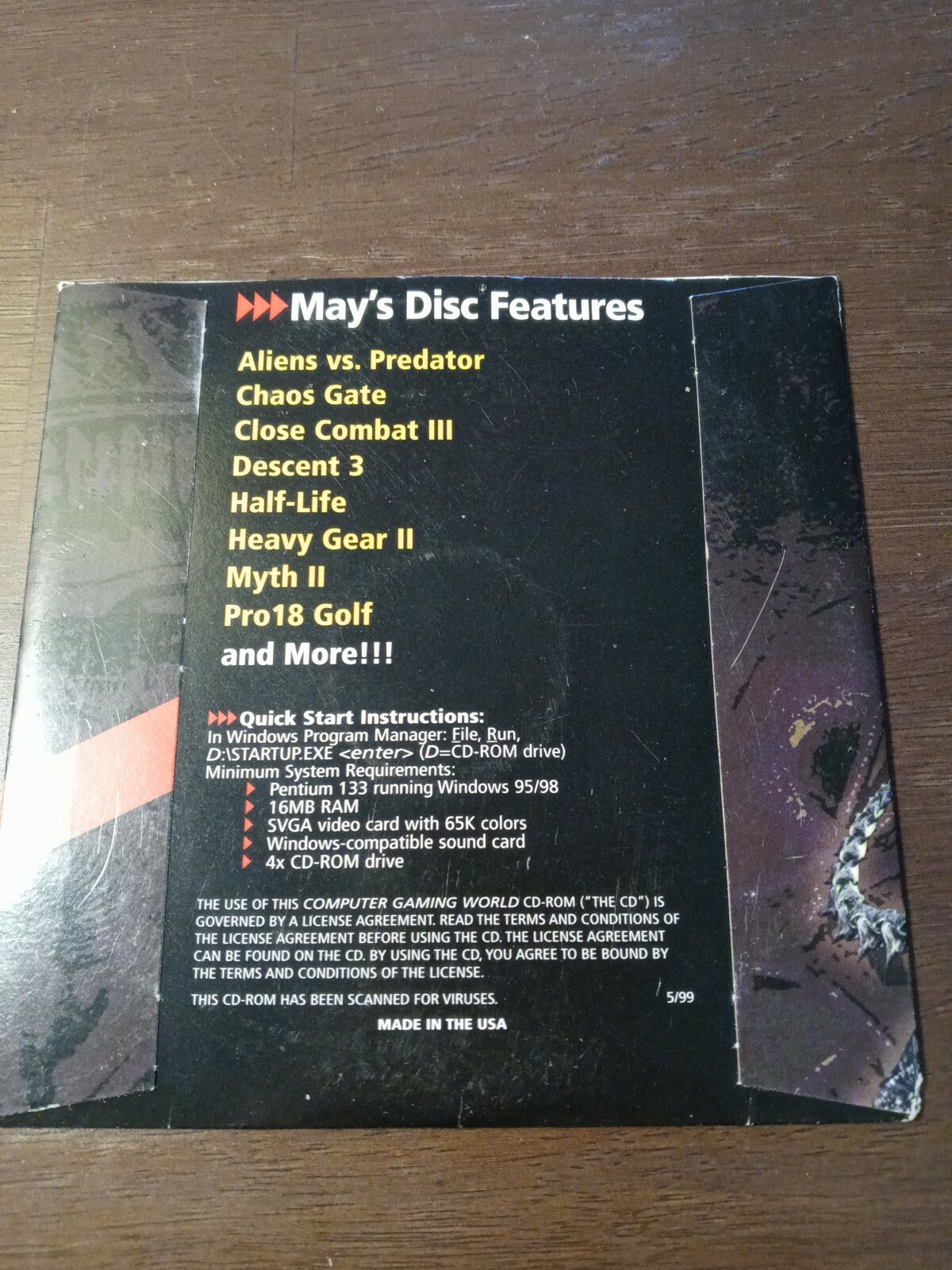 Aliens Versus Predator 1 PC CD computer gaming world may 1999 paper sleeve