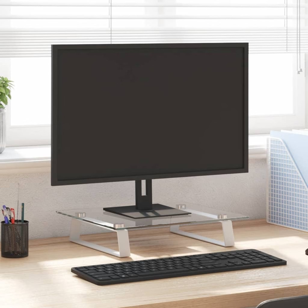 Monitor Stand White 15.7″x13.8″x3.1″ Tempered Glass and Metal