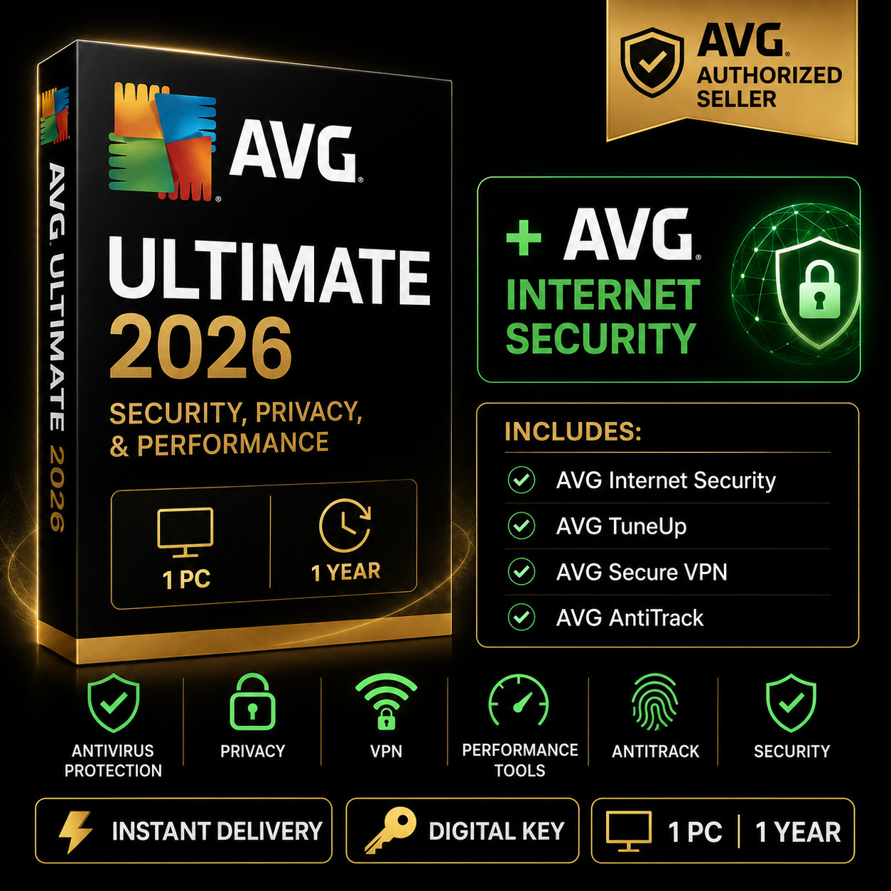 AVG Ultimate 2026 1 PC 1 Year + Internet Security VPN TuneUp AntiTrack