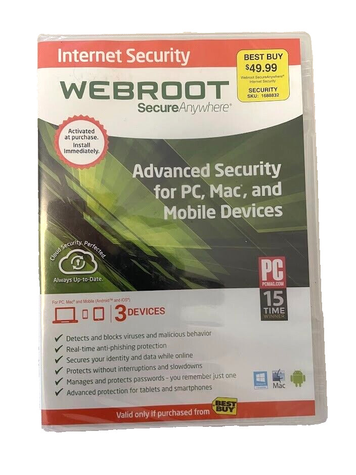 NEW Webroot Secure Anywhere Internet Security Plus 3 Devices Windows PC Mac iOS