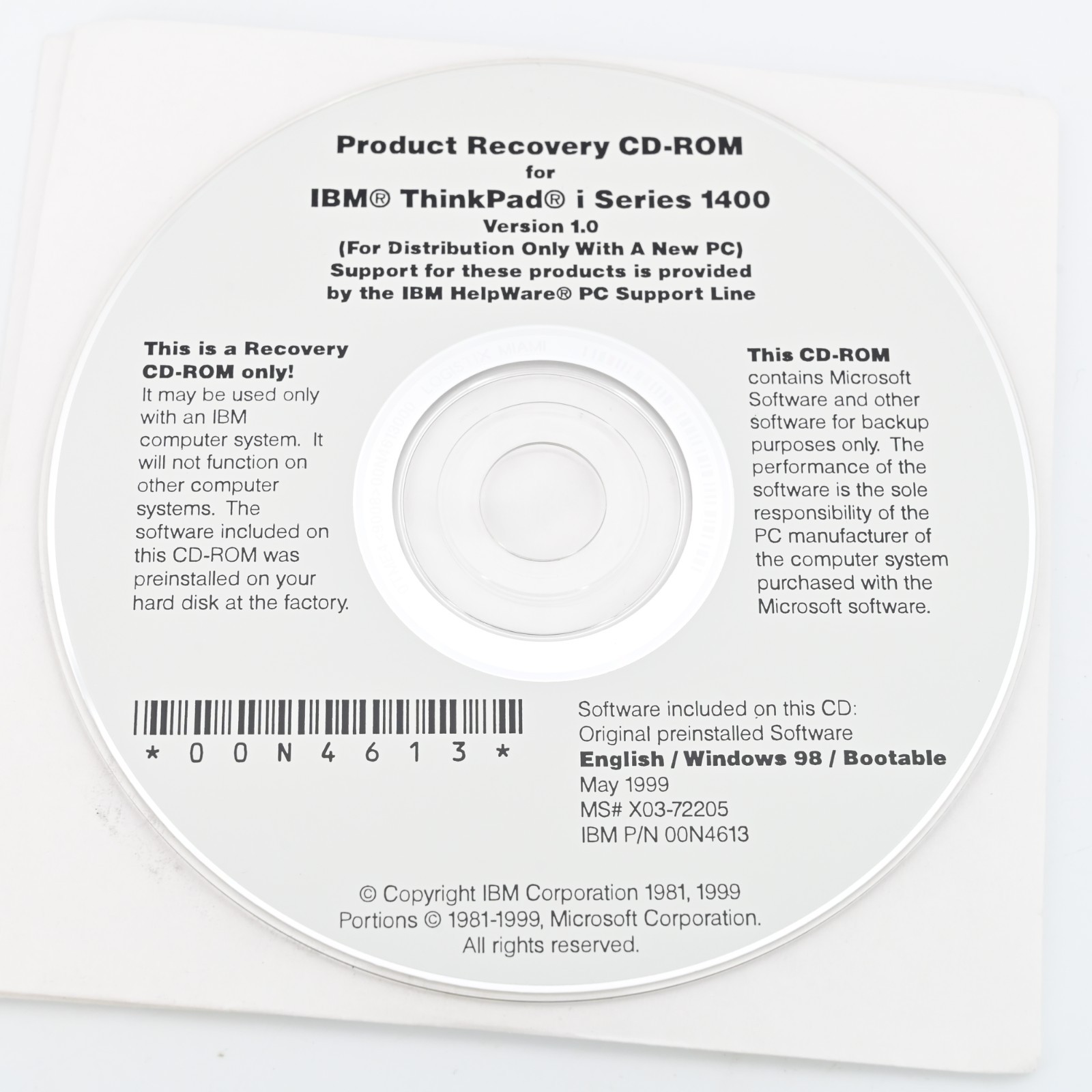 IBM ThinkPad 1400 Product Recovery CD-ROM Windows 98 Windows 95 Software Disc