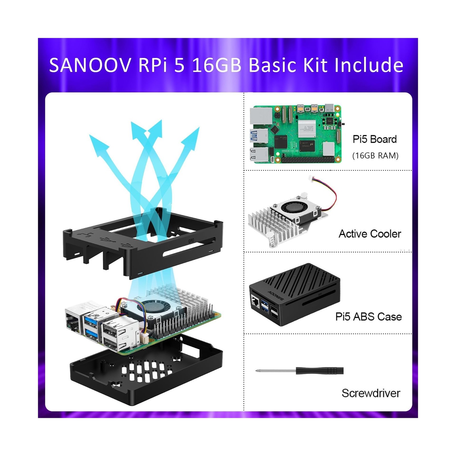 Starter Kit for Raspberry Pi 5 16GB RAM with Active Cooler, RPi 5 ABS Case an…