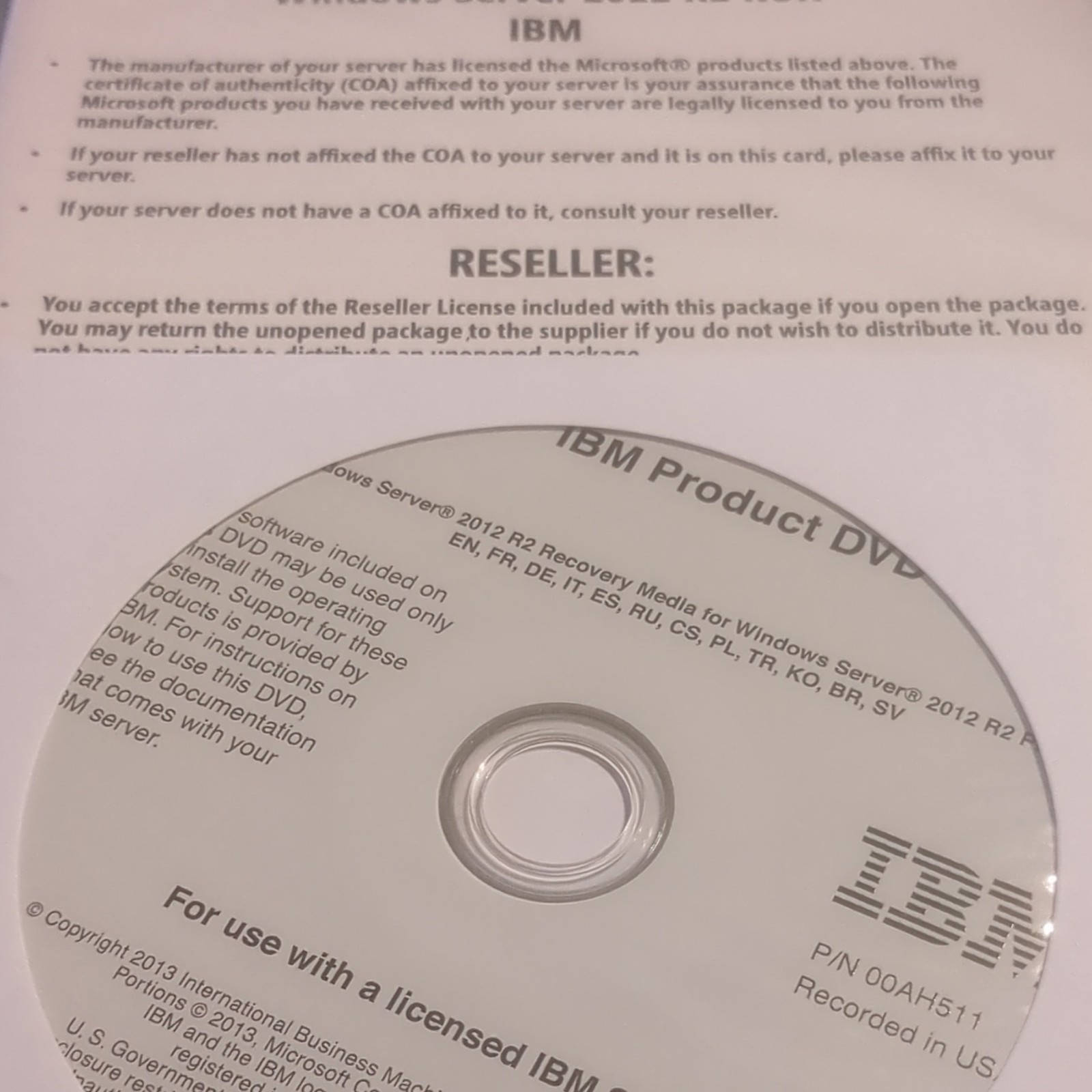 IBM Windows Server 2012 R2 ROK IBM Server Recovery Media DVD Product Key
