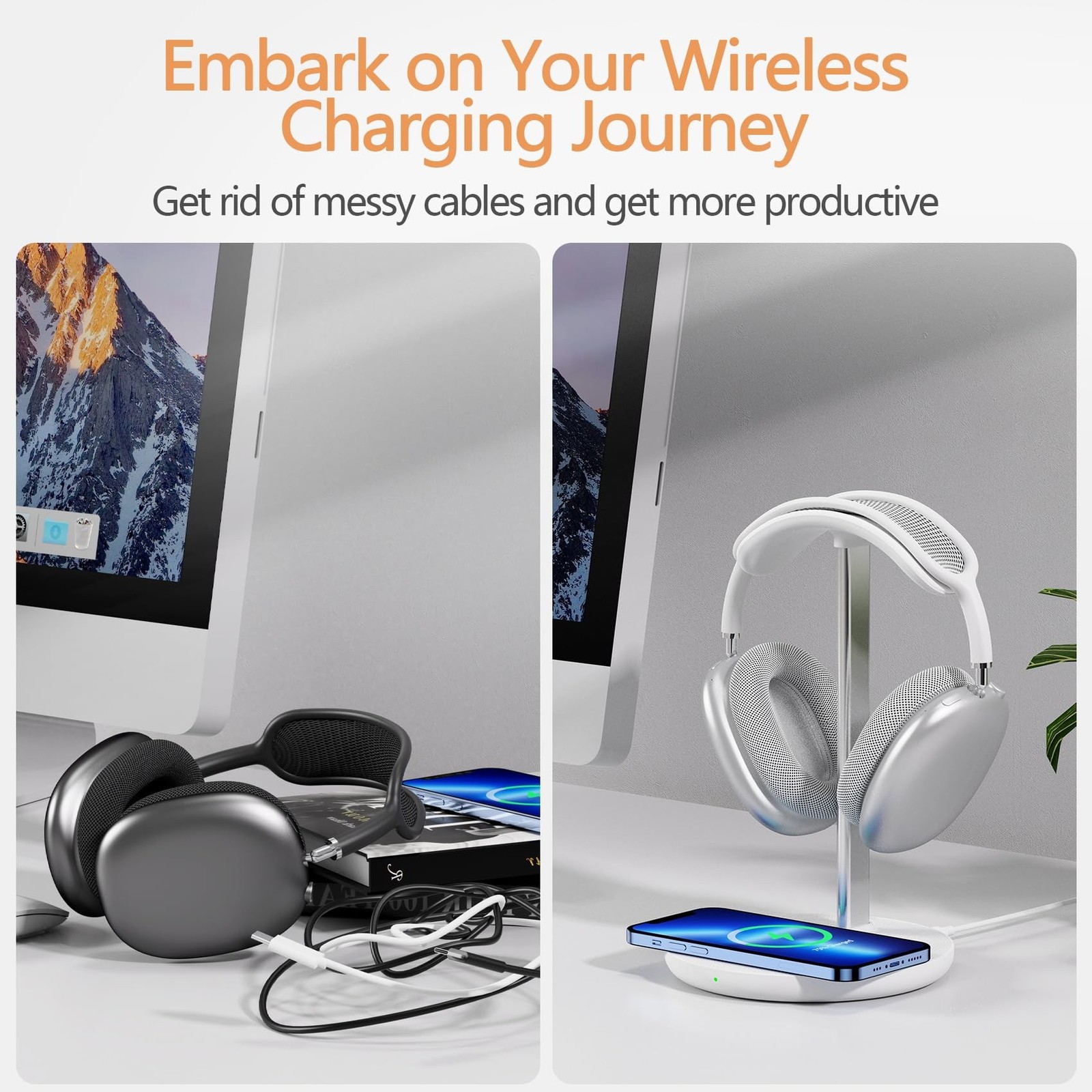 Headphone Stand with Wireless Charger, Gaming Headset Holder Hanger Rack 2 in…