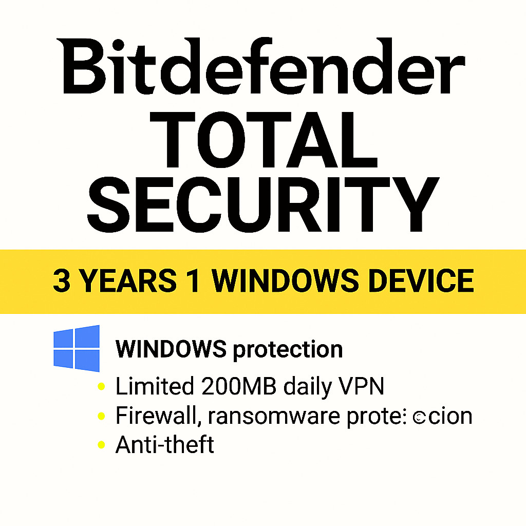 Bitdefender Total Security 3 Year 1 Windows Devices Protection + Daily VPN