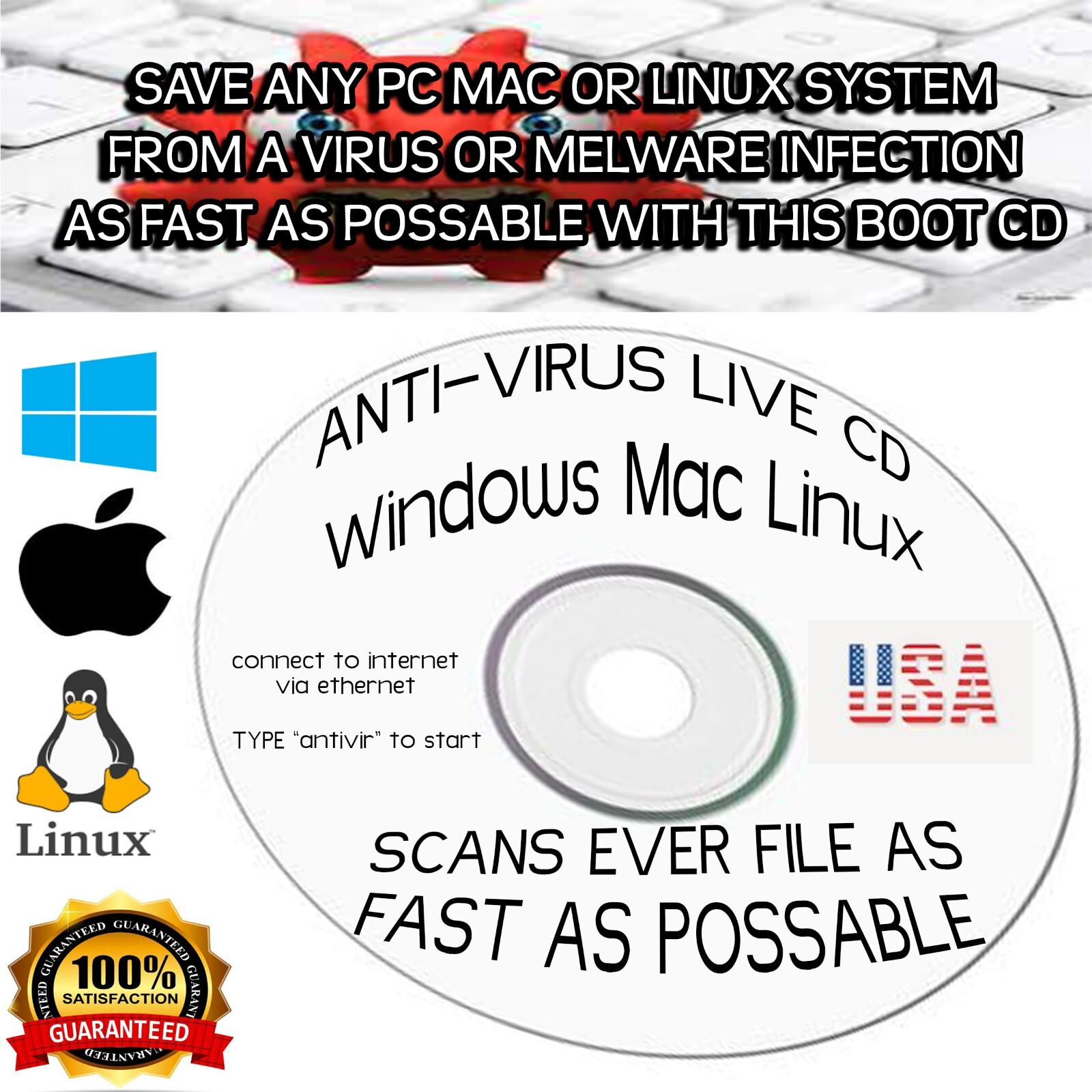 Powerful Anti-Virus Live CD – Windows – Mac – Linux 32-Bit 64-Bit BIOS-UEFI USA
