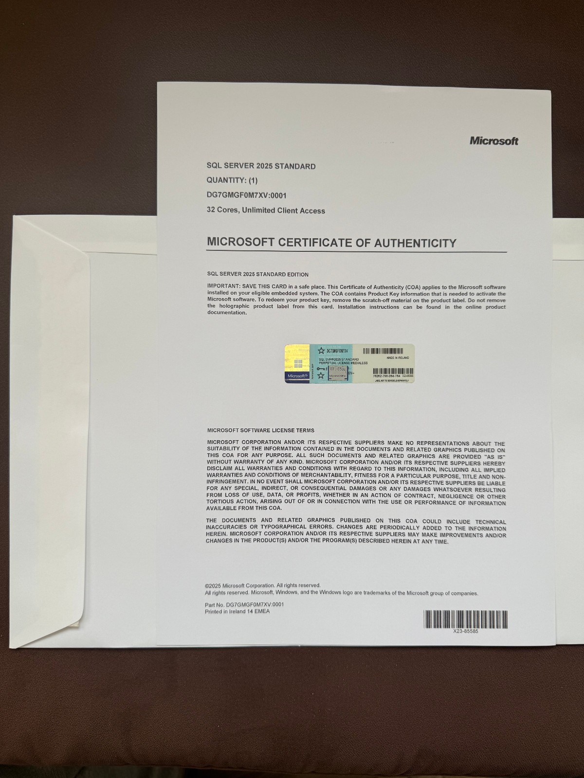 Microsoft SQL Server 2025 Standard 32 Core Unlimited User CALs CoA Authentic.