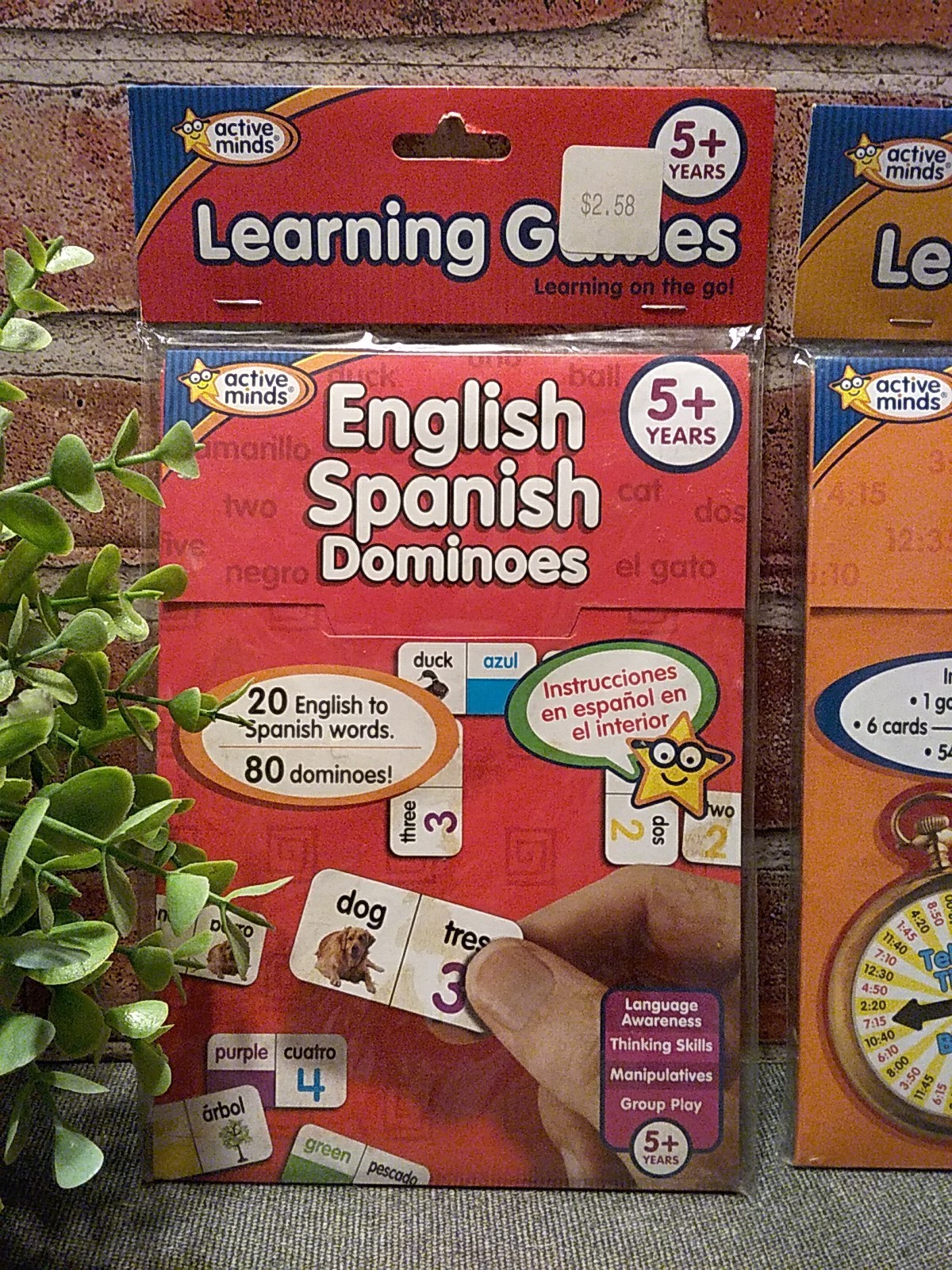Vtg 2007 ACTIVE MINDS English Spanish Dominoes & Telling Time Bingo 2pc Set (5+)