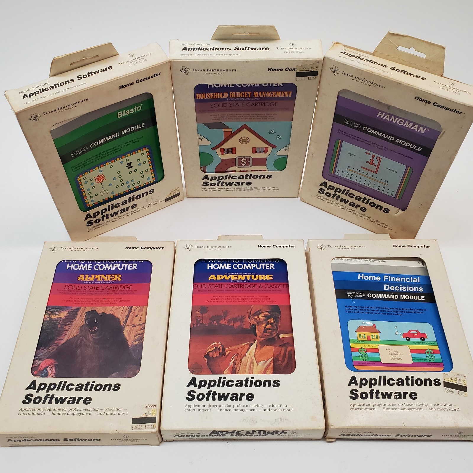 TI‑99/4A Software Lot Blasto, Budget Mgmt, Hangman, Alpiner, Adventure & Finance