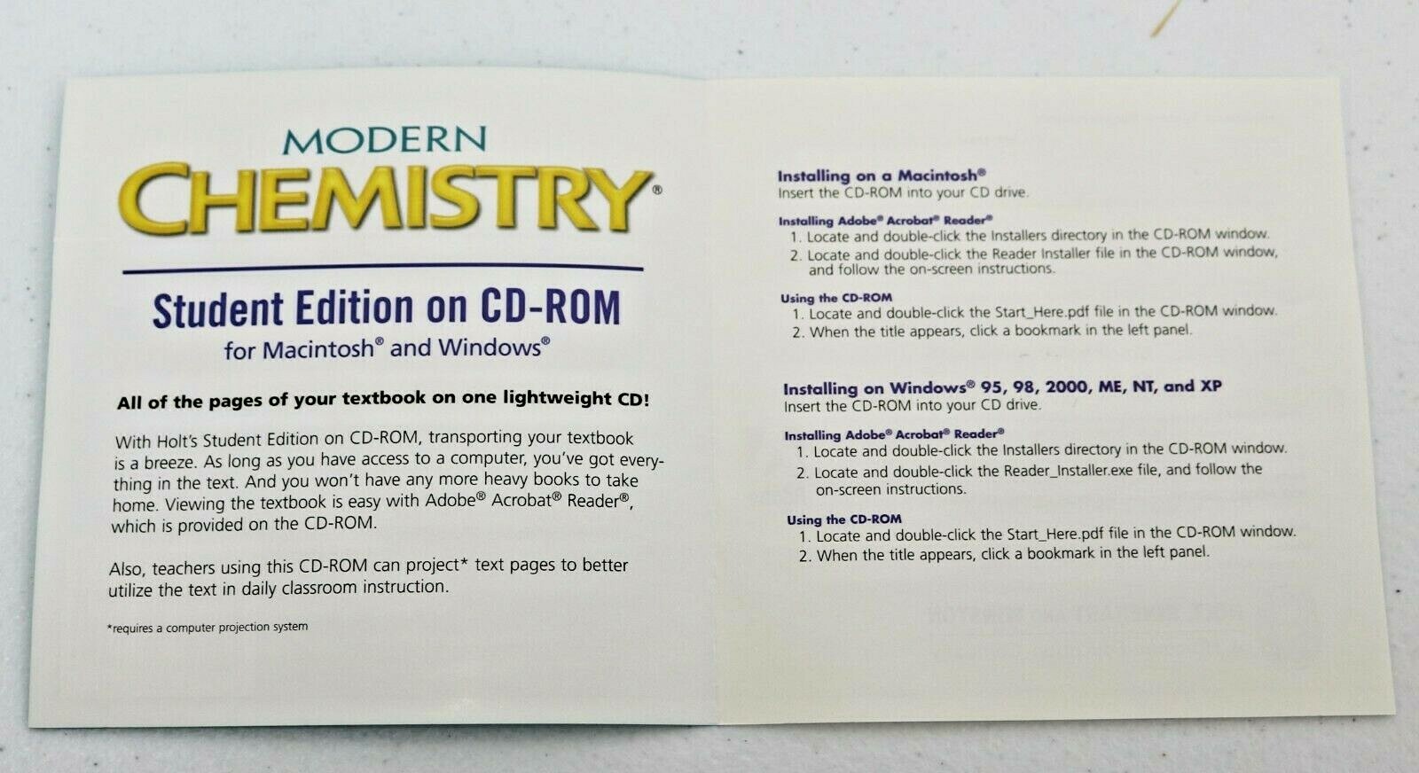MODERN CHEMISTRY STUDENT EDITION CD-ROM HOLT RINEHOLT WINSTON 9780030368110 NEW