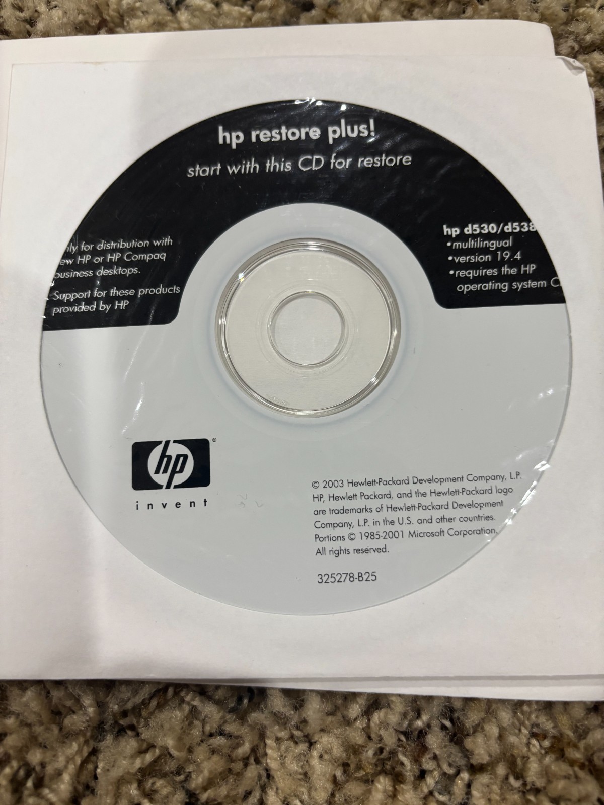 HP compaq restore plus d530 538 ver 19.4 325278-b25 driver cd NEW SEaled