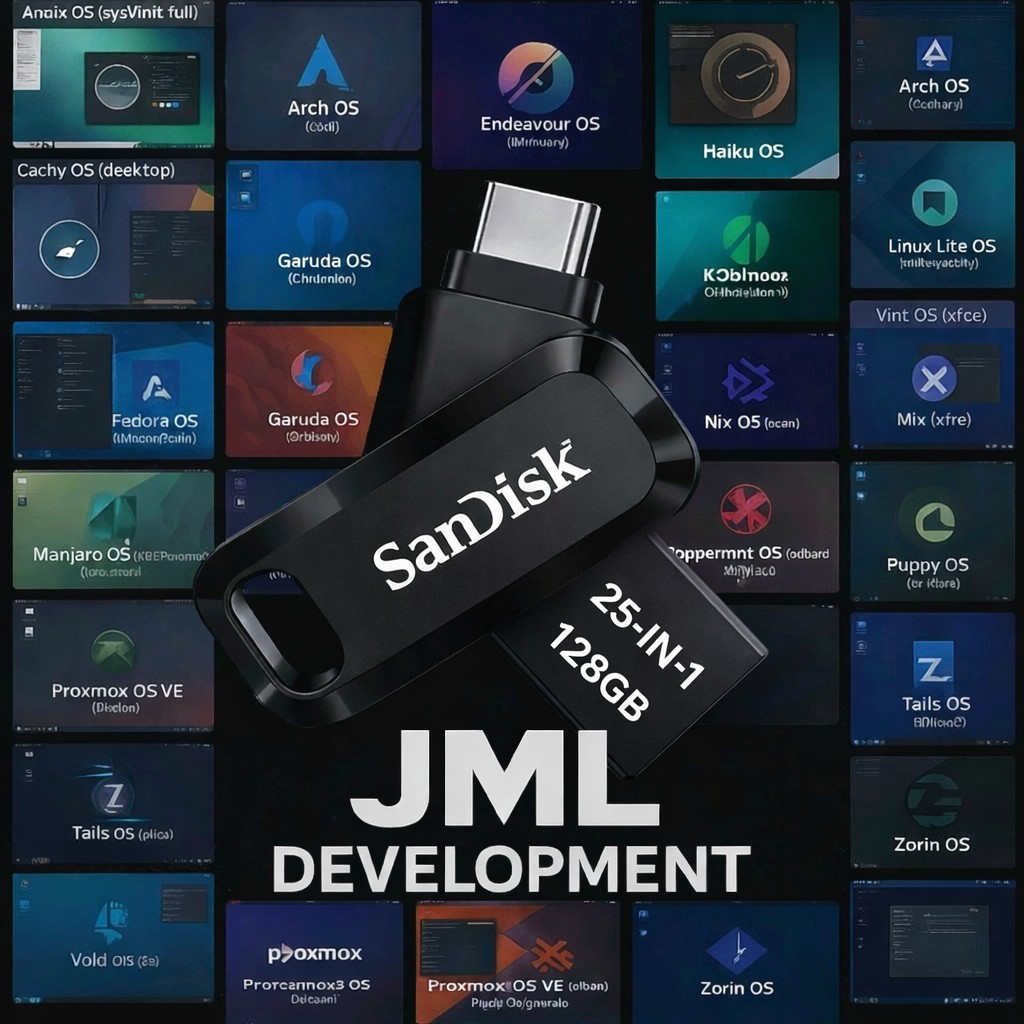 25-in-1 OS USB 128GB Bootable Linux Pack, Arch, AntiX, Fedora, Mint, Zorin, Kali