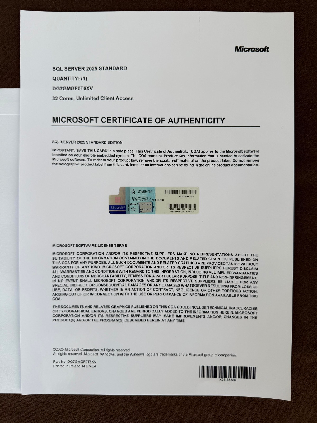 Microsoft SQL Server 2025 Standard 32 Core Unlimited User CALs CoA Authentic.