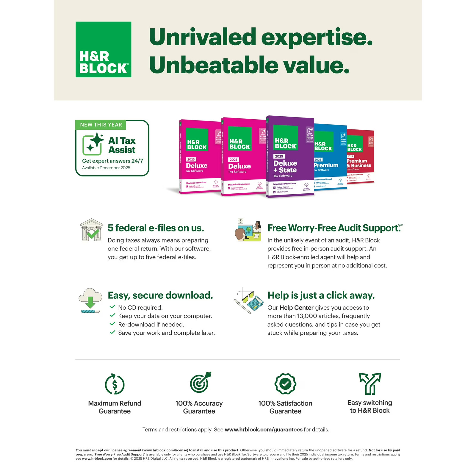 H & R Block Tax Software Deluxe + State 2025 for Windows and Mac