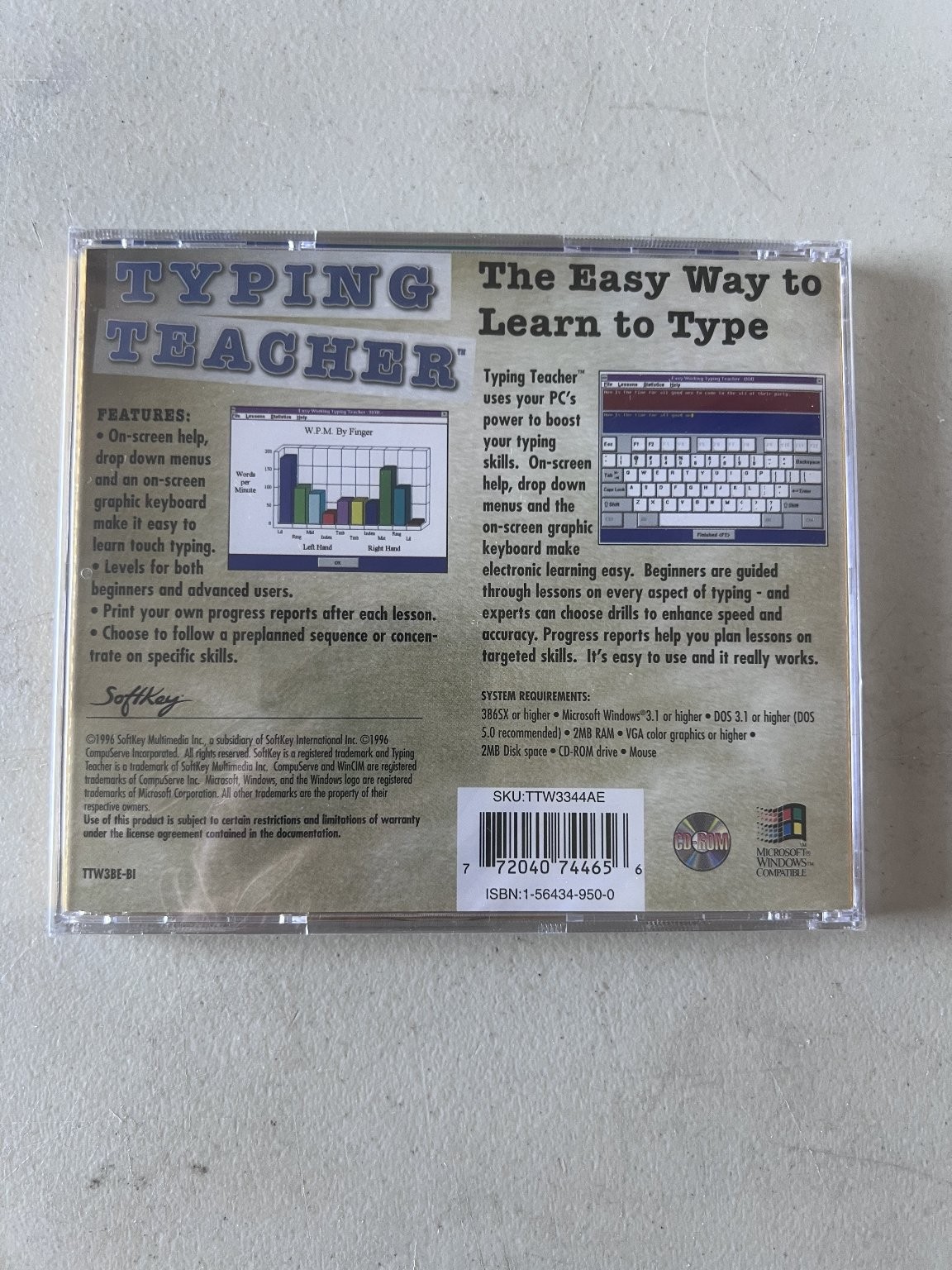 SoftKey Typing Teacher Software CD-ROM for Windows 3.1 & 95 Vintage 1996