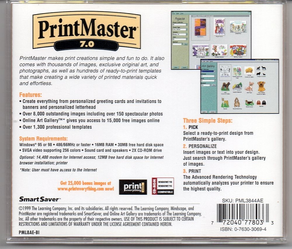 MINDSCAPE – PRINT MASTER 7.0; DESKTOP PRINTING – GREETING CARDS, ETC. WIN 95/98