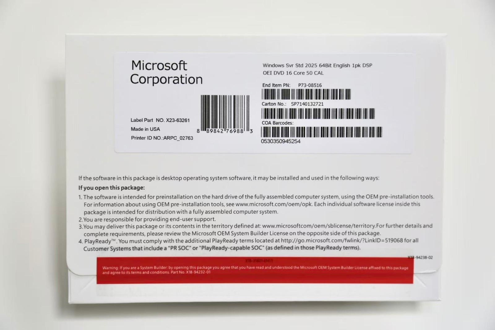 Microsoft Windows Server 2025 Standard 64Bit 16 Core-50 CALs DVD With Key Sealed