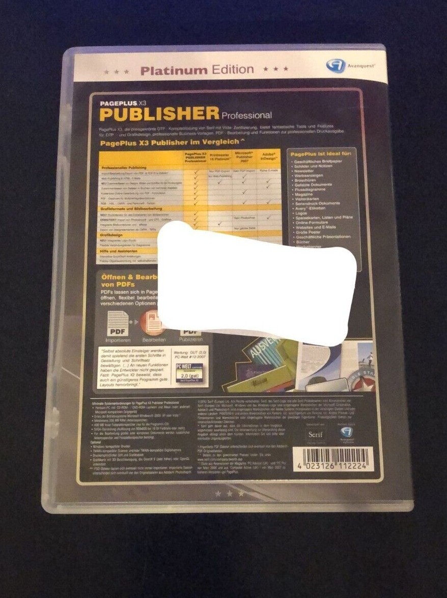 AVANQUEST PAGEPLUS X3 PUBLISHER PROFESSIONAL PLATINUM EDITION IN GERMAN used
