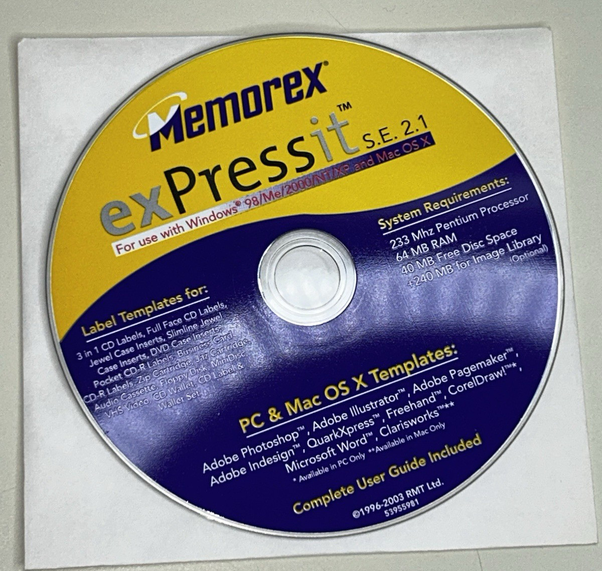 Vintage Memorex exPressit S.E. 2.1 Software Disc ONLY (Windows98/Me/2000/NT/XP)