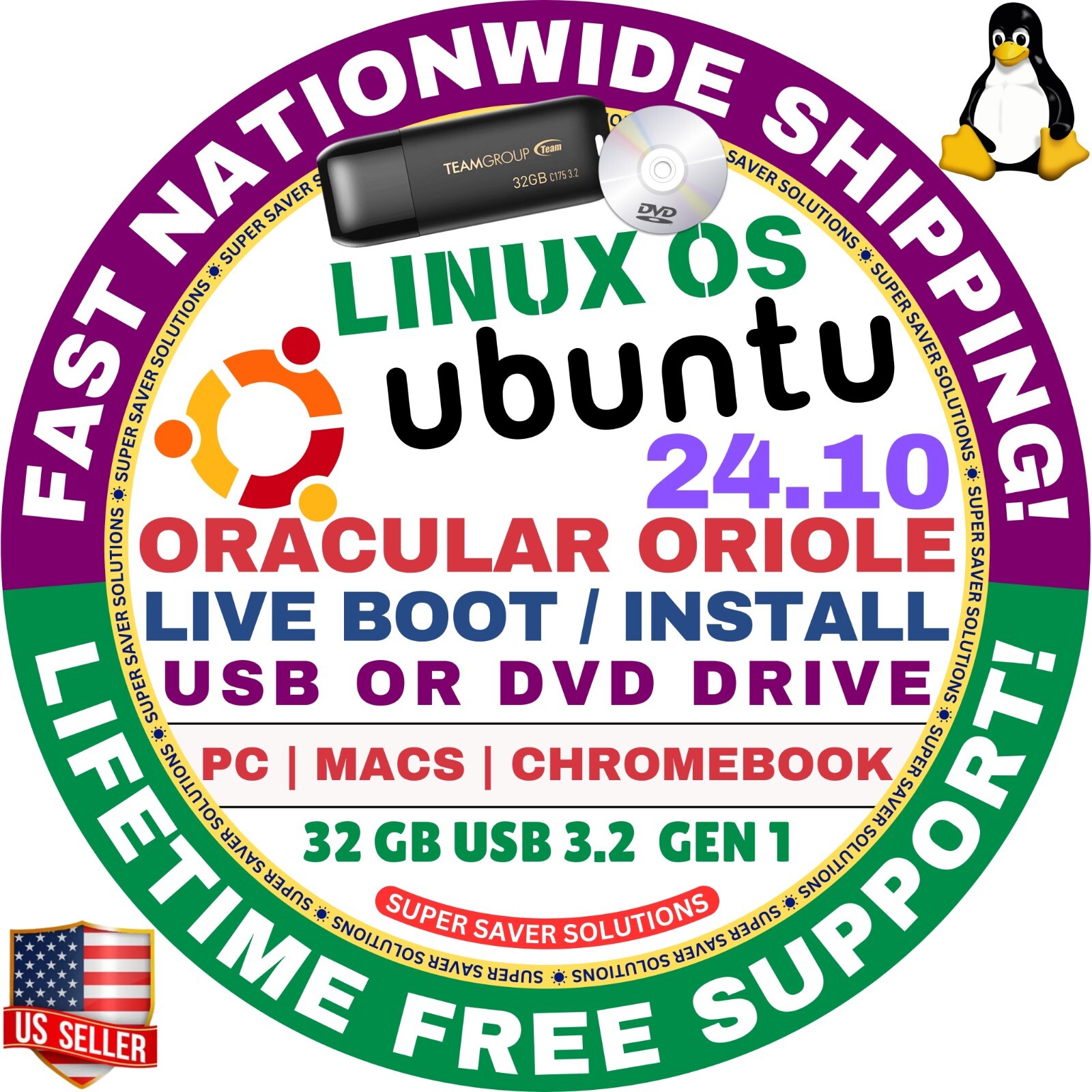 UBUNTU 24.10 LINUX OS BOOTABLE USB / DVD ORACULAR ORIOLE AMD64 / MAC & PC