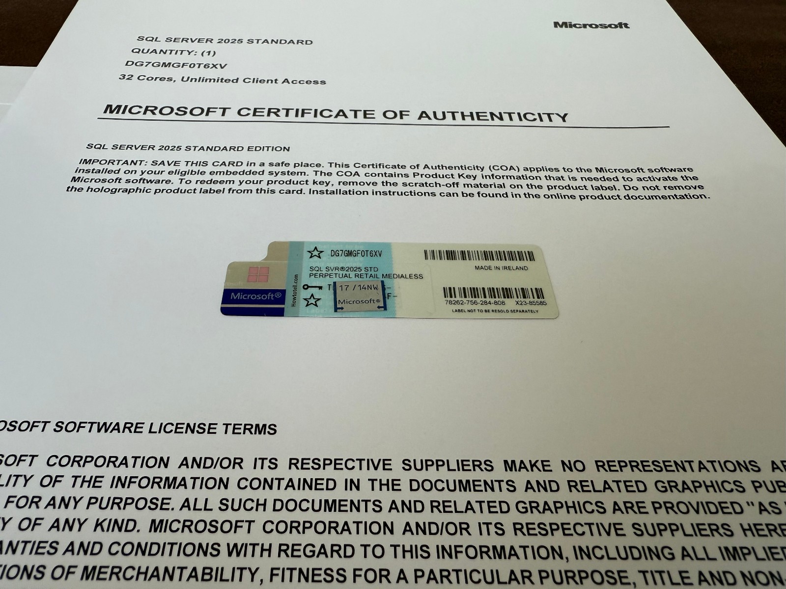 Microsoft SQL Server 2025 Standard 32 Core Unlimited User CALs CoA Authentic.