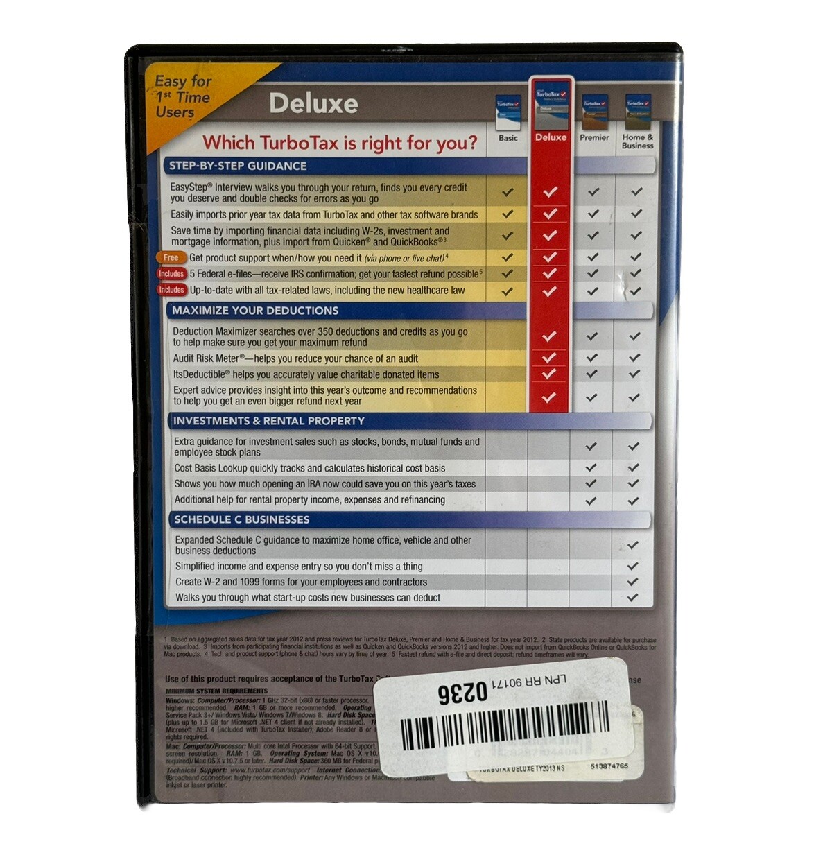 Intuit Turbotax Deluxe 2013 Federal Returns Plus E-File Turbo Tax PC/MAC NEW!