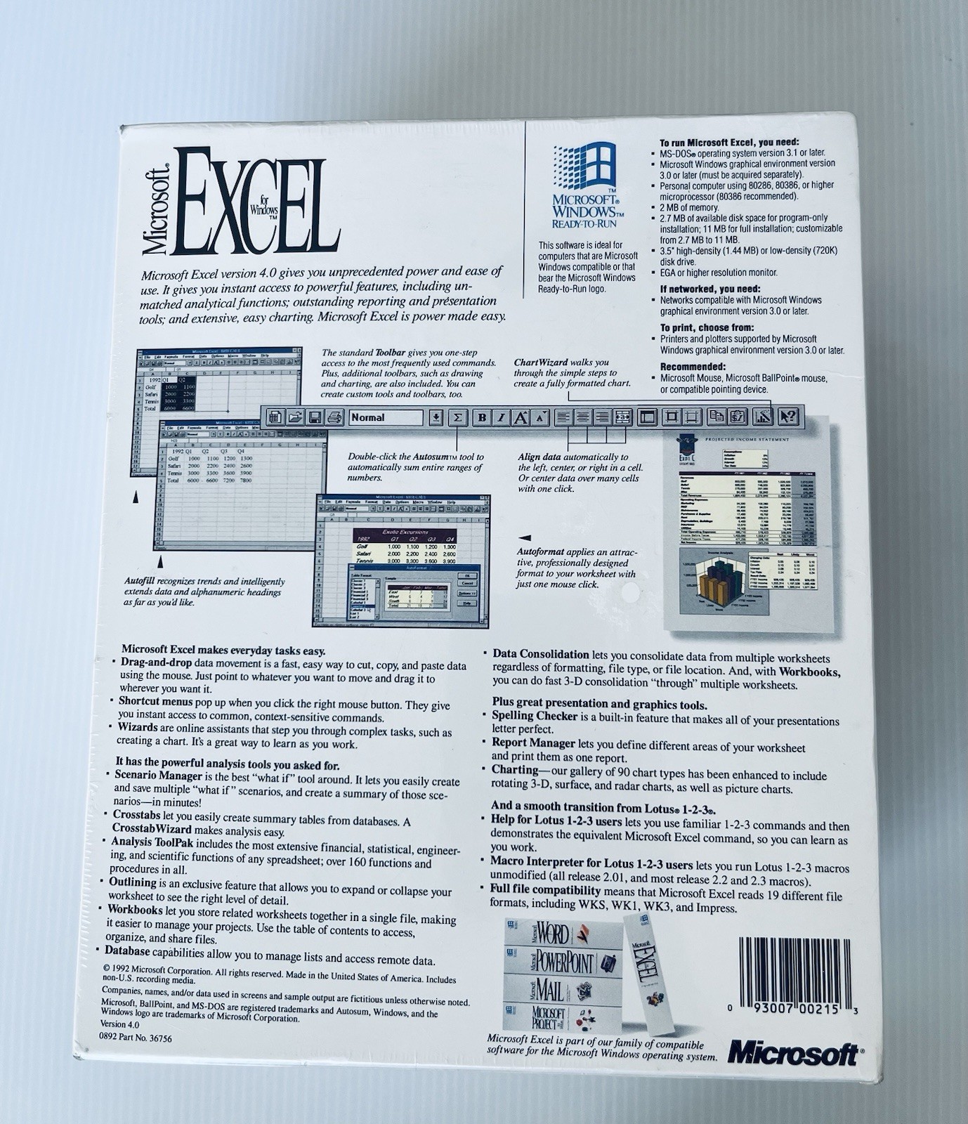 Microsoft Excel 4.0 for Windows Compatible w/ User Guide 1&2/Function Reference