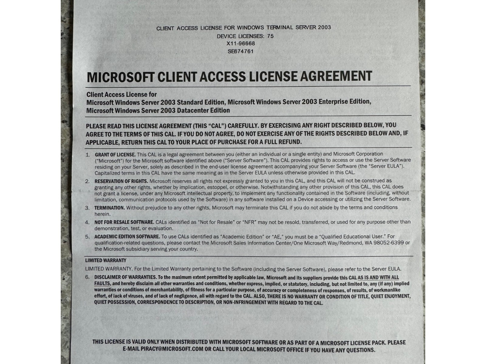 75 Device Cal for Windows 2003 Terminal Server Services/RDS with VAT Invoice