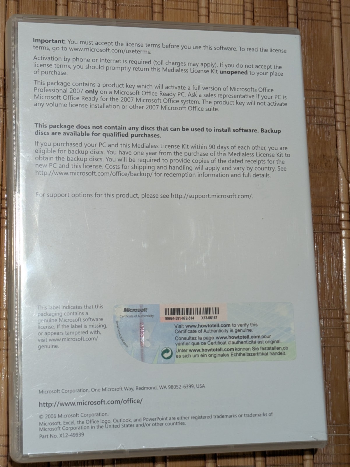 Microsoft Office Professional 2007 OEM Installation Disc & License Product Key