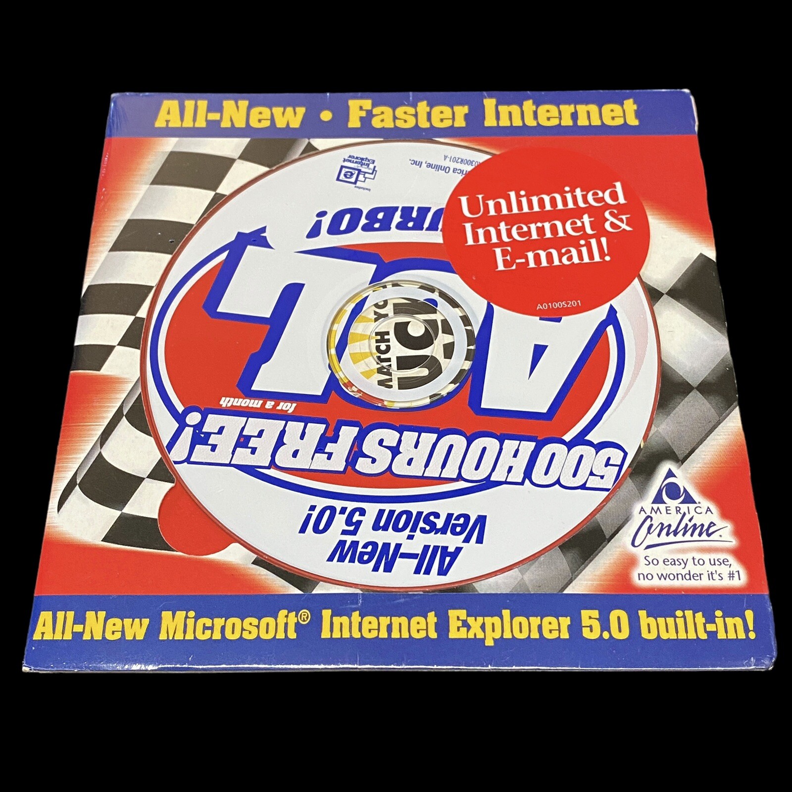 AOL 5.0 All New Faster Internet Racing Flag 500 Hours CD Computer Factory Sealed