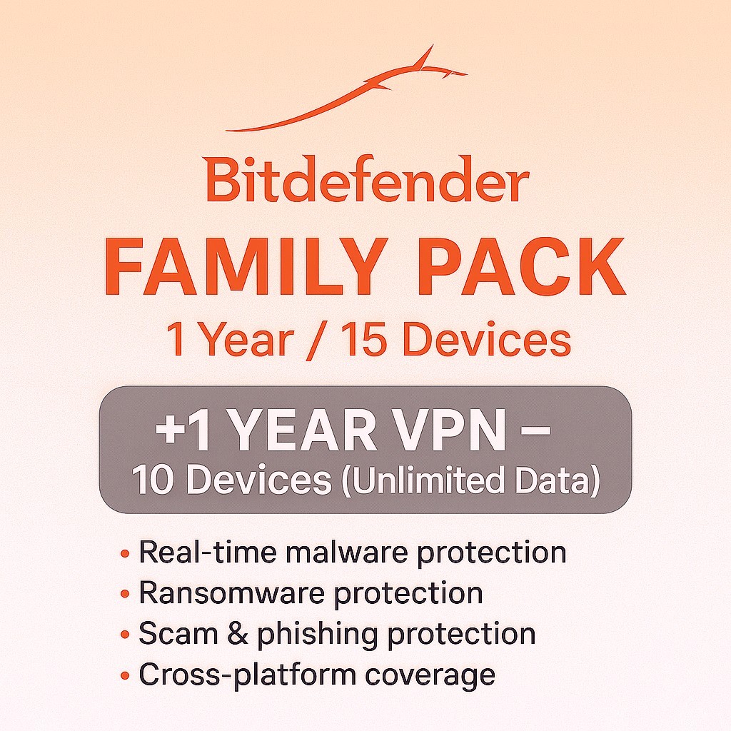 Bitdefender Family Pack 2026- 1 Year 15 Devices + 1 Year UNLIMITED VPN