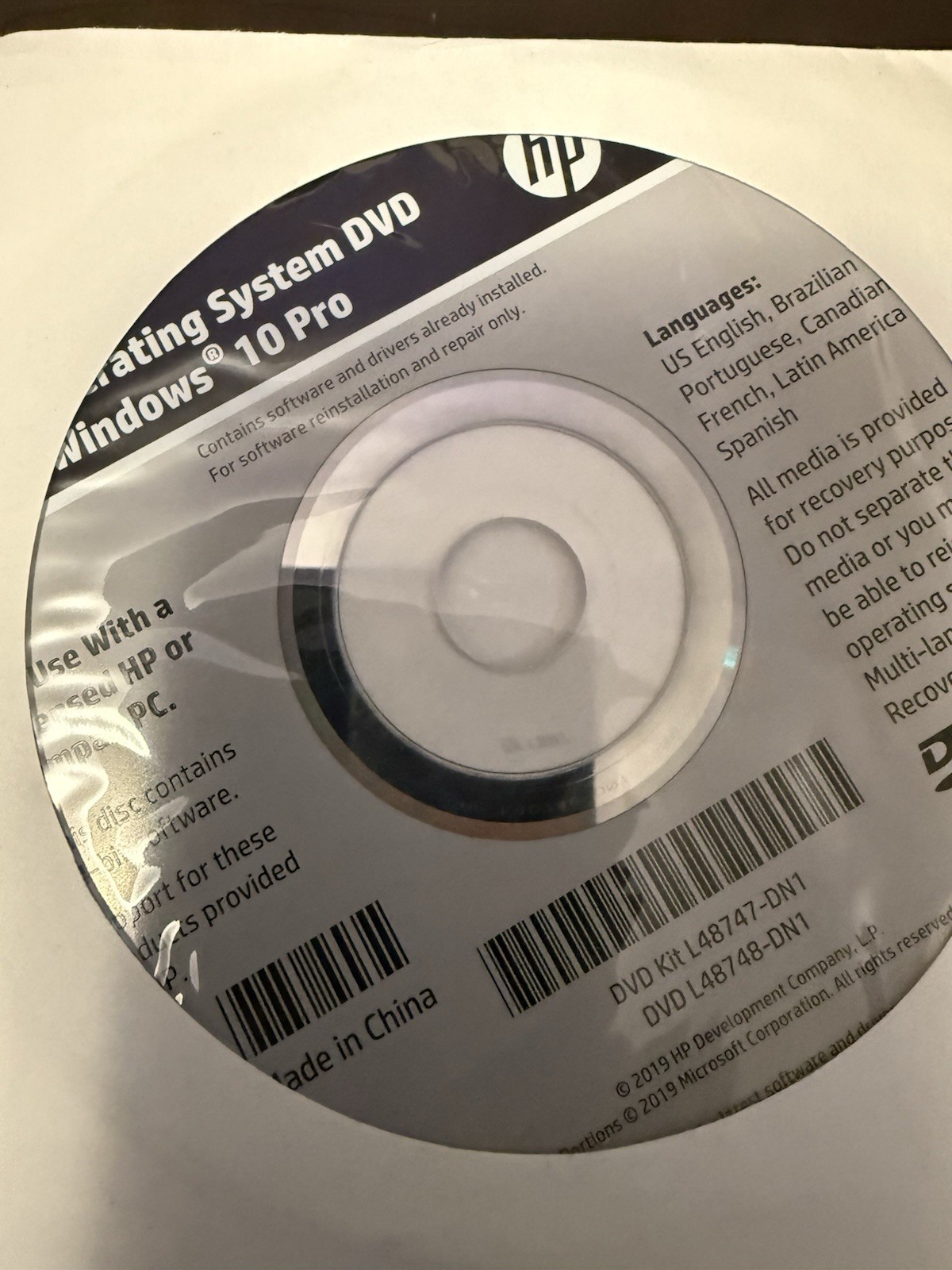 HP Windows 10 Pro Disk Product Key Not Included