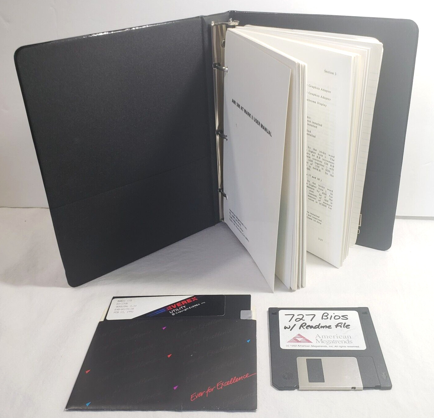 AMERICAN MEGATRENDS LOT- User Manuals AMI 386 ++ Binder + Magic I/O 5..25″ disk+