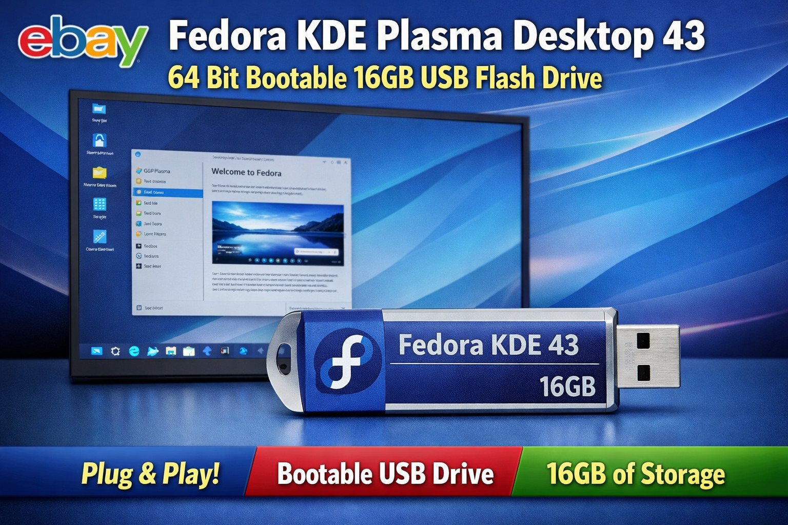 Fedora KDE Plasma Desktop 43 64 Bit Bootable 16GB USB Flash Drive And Manual