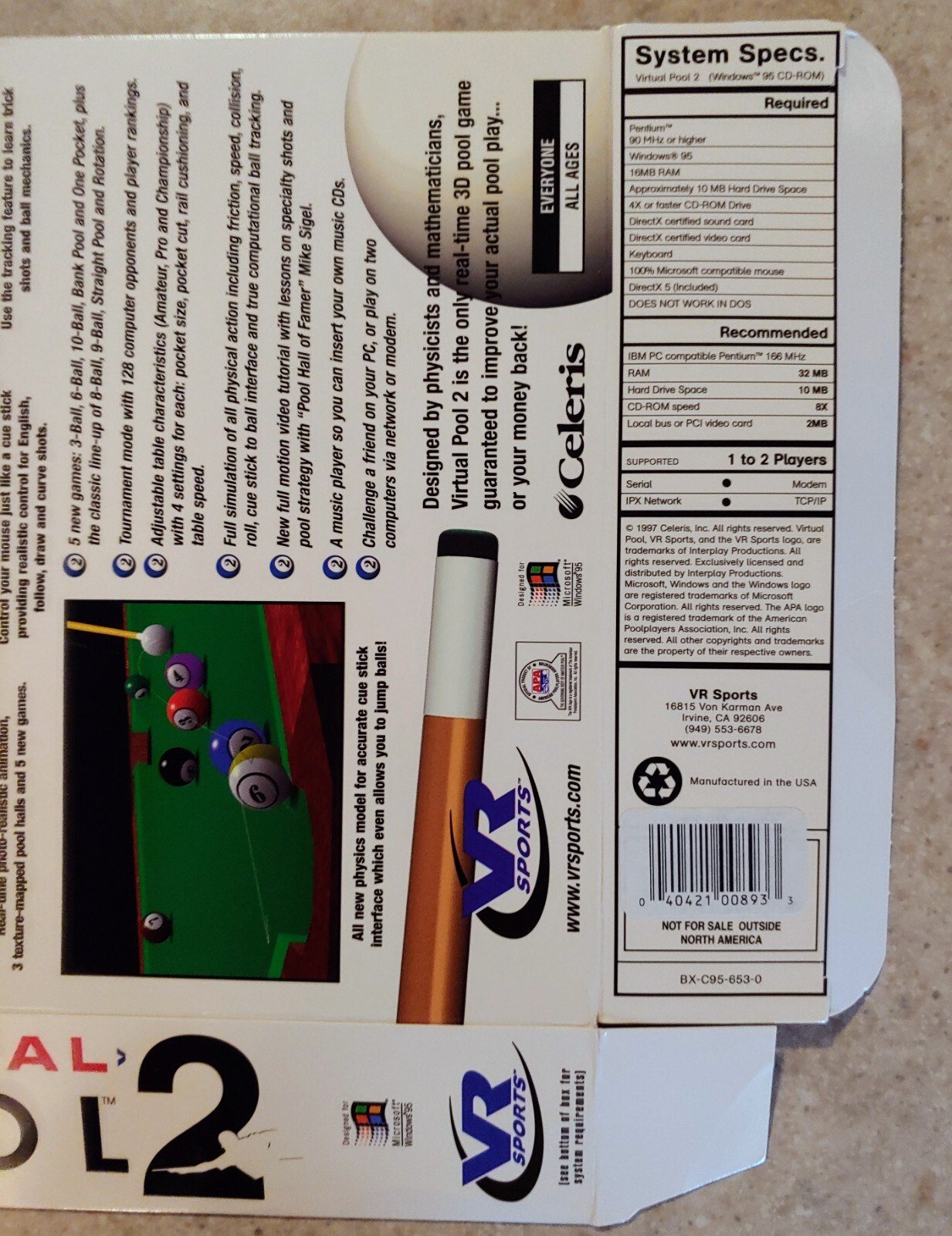 Virtual Pool 2 PC CD-ROM with Original Outer Box, Manual, Jewel Case, & CD NICE!