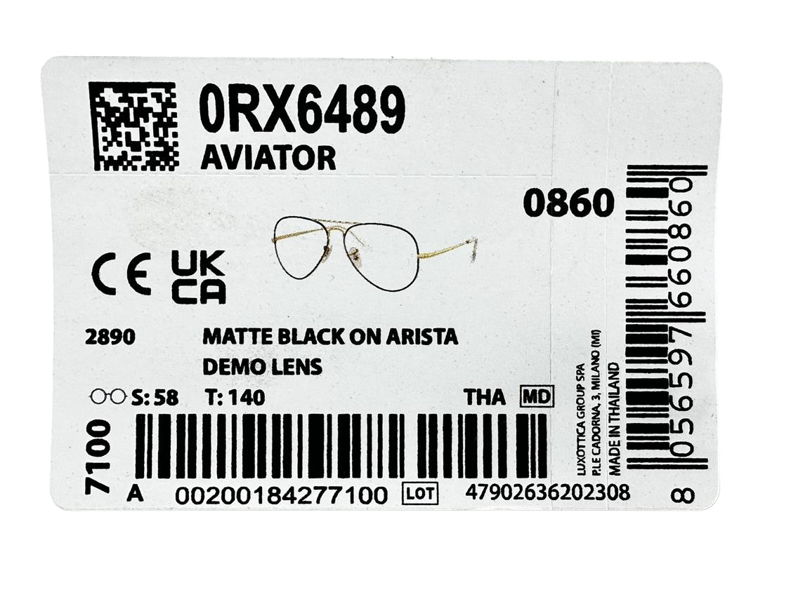 Ray Ban NEW Aviator Matte Black Fashion Frames Gold 58-14-140 Eyeglasses RX6489
